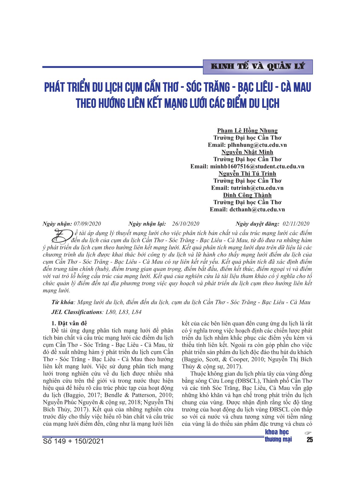 Phát triển du lịch cụm Cần Thơ - Sóc Trăng - Bạc Liêu - Cà Mau theo hướng liên kết mạng lưới các điểm du lịch trang 3