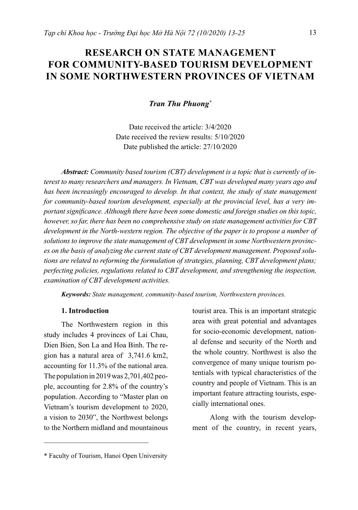 Research on state management for community-based tourism development in some Northwestern provinces of Vietnam trang 1