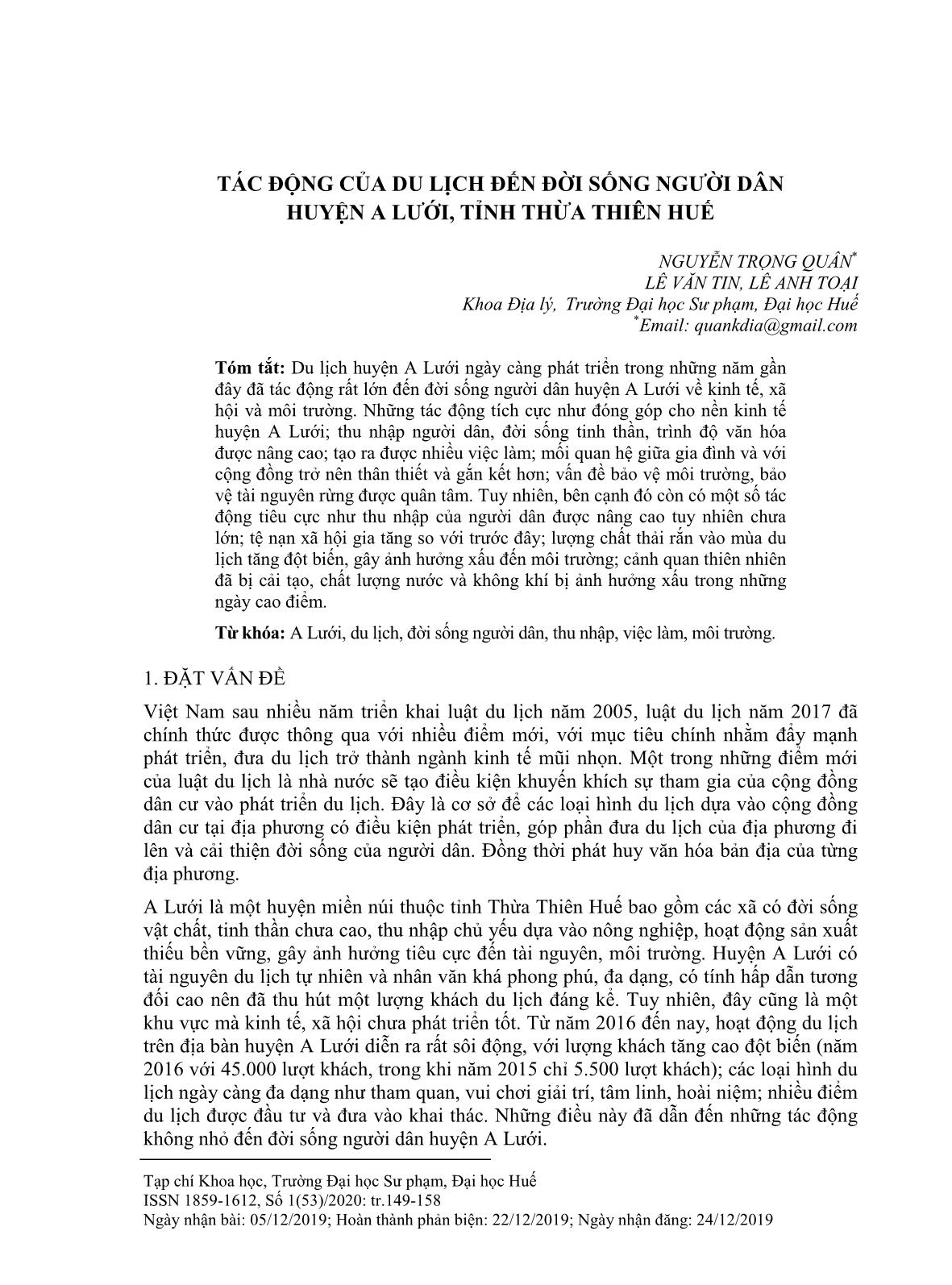 Tác động của du lịch đến đời sống người dân huyện A Lưới, tỉnh Thừa Thiên Huế trang 1