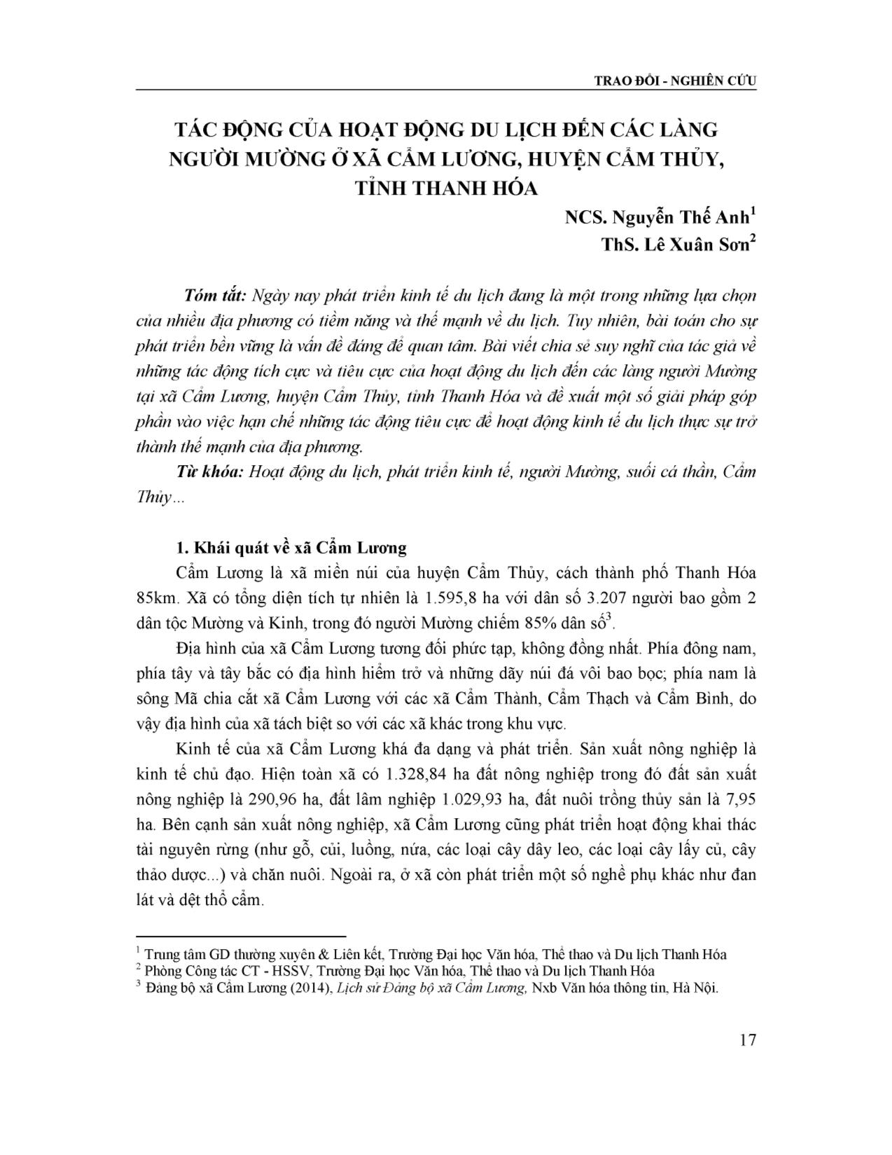 Tác động của hoạt động du lịch đến các làng người Mường ở xã Cẩm Lương, huyện Cẩm Thủy, tỉnh Thanh Hóa trang 1