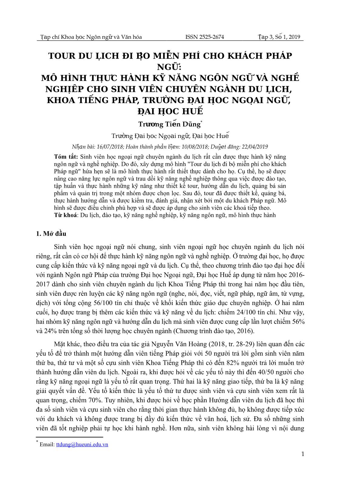 Mô hình thực hành kỹ năng ngôn ngữ và nghề nghiệp cho sinh viên chuyên ngành Du lịch, khoa Tiếng Pháp, trường Đại học Ngoại ngữ, Đại học Huế trang 1