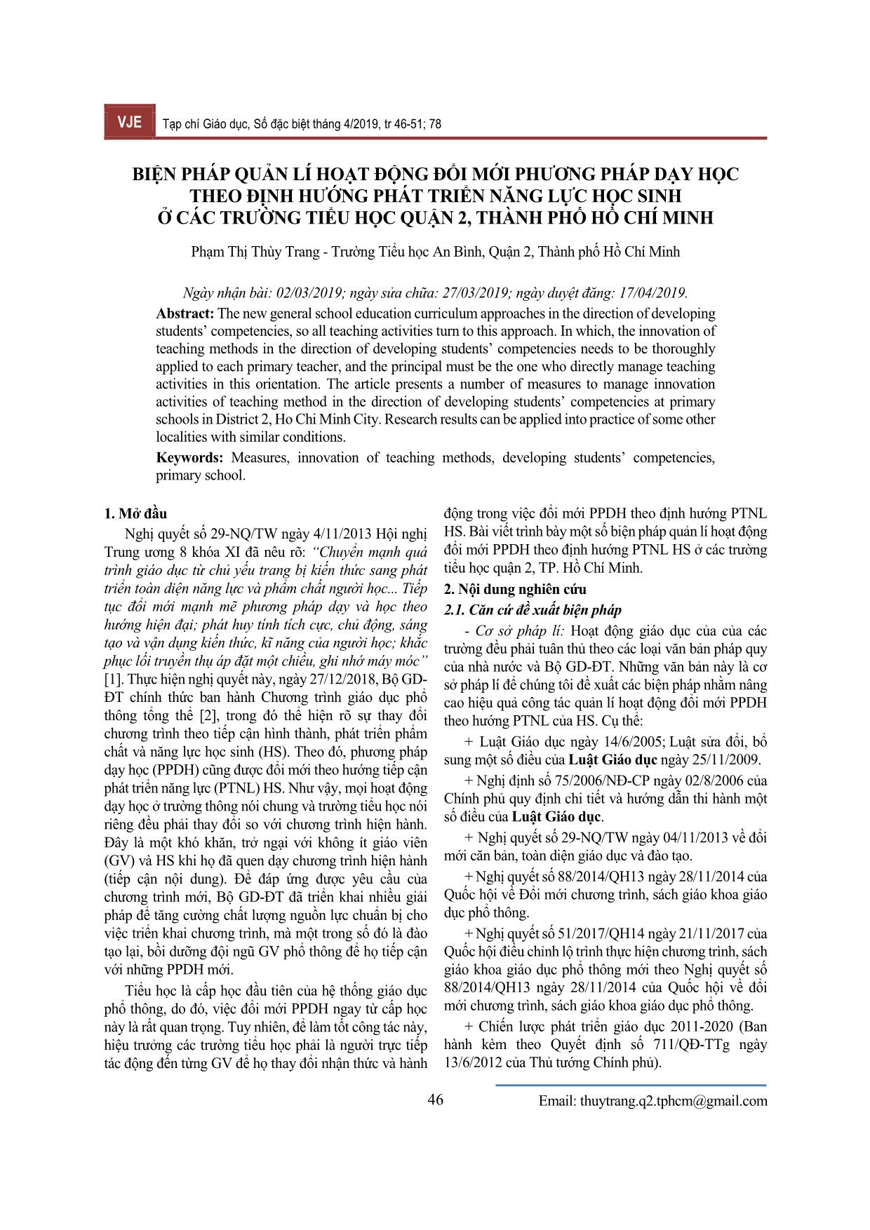 Biện pháp quản lí hoạt động đổi mới phương pháp dạy học theo định hướng phát triển năng lực học sinh ở các trường Tiểu học Quận 2, thành phố Hồ Chí Minh trang 1