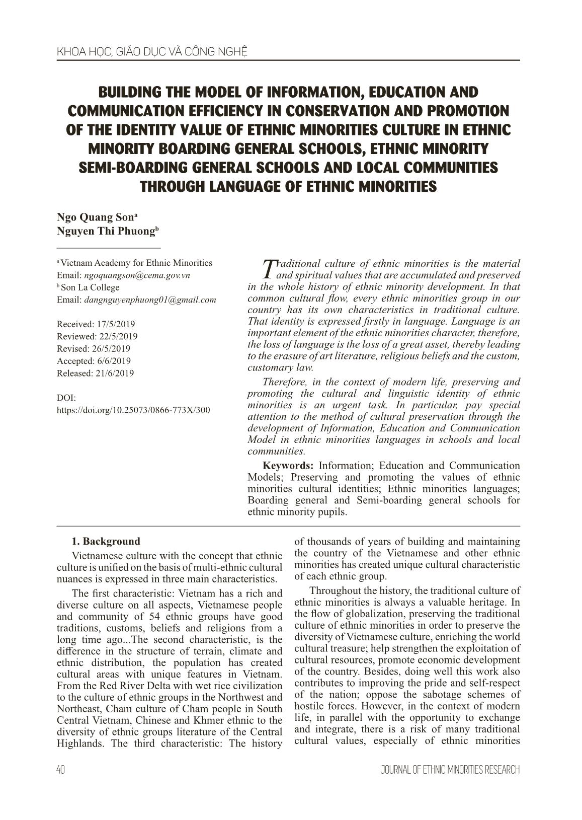 Building the model of information, education and communication efficiency in conservation and promotion of the identity value of ethnic minorities culture in ethnic minority boarding general schools, ethnic minority semi-boarding general schools and local trang 1