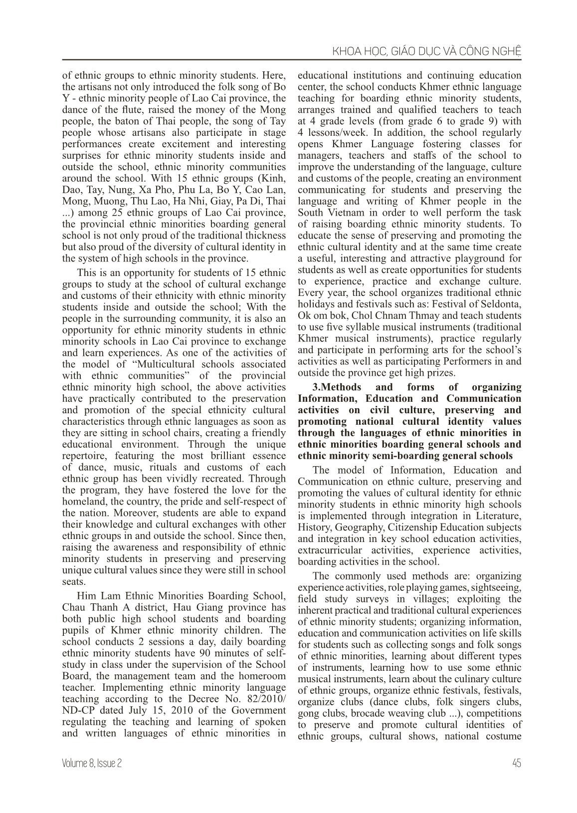 Building the model of information, education and communication efficiency in conservation and promotion of the identity value of ethnic minorities culture in ethnic minority boarding general schools, ethnic minority semi-boarding general schools and local trang 6