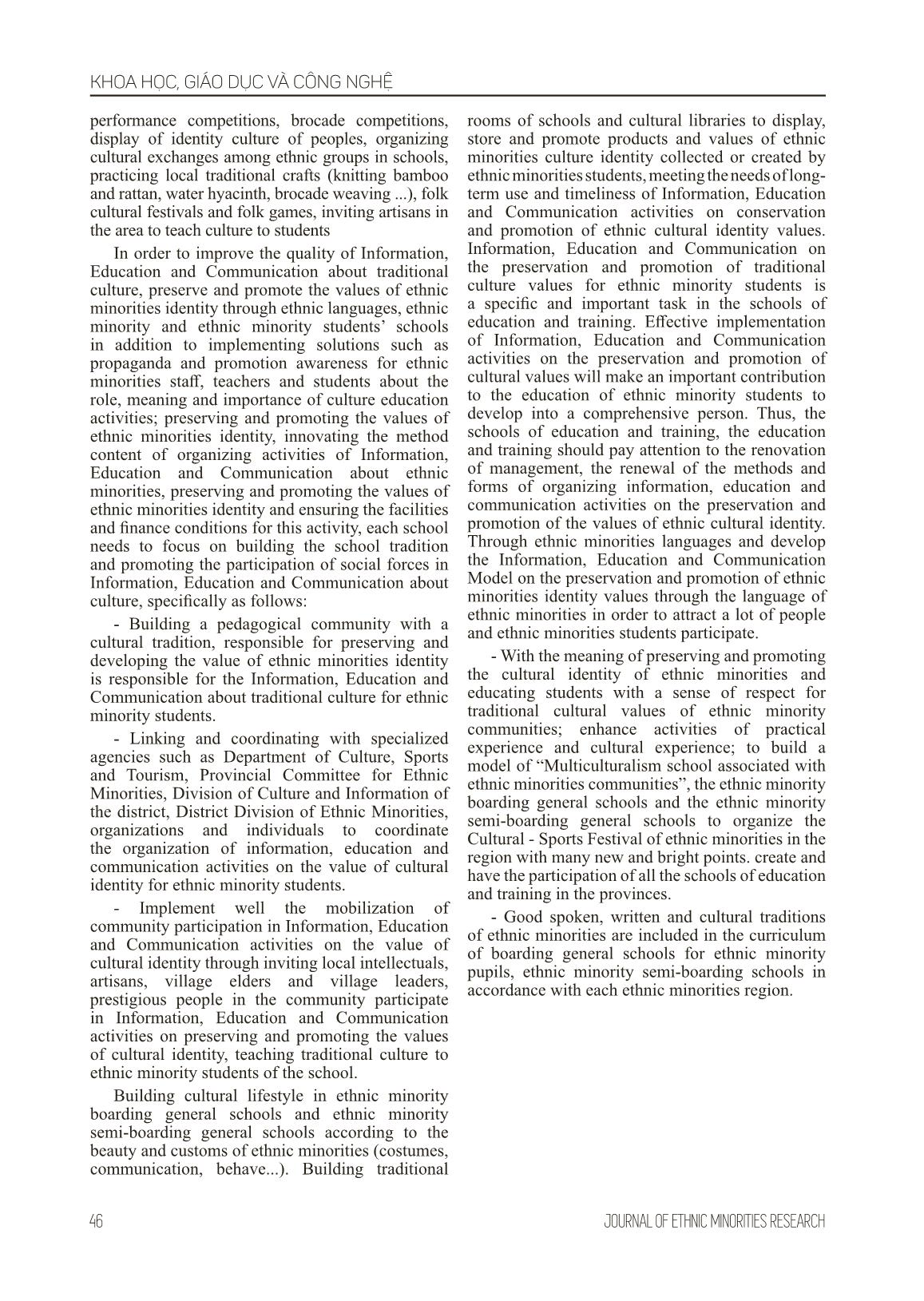 Building the model of information, education and communication efficiency in conservation and promotion of the identity value of ethnic minorities culture in ethnic minority boarding general schools, ethnic minority semi-boarding general schools and local trang 7