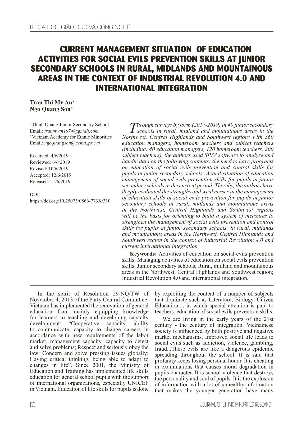 Current management situation of education activities for social evils prevention skills at junior secondary schools in rural, midlands and mountainous areas in the context of industrial revolution 4.0 and international integration trang 1