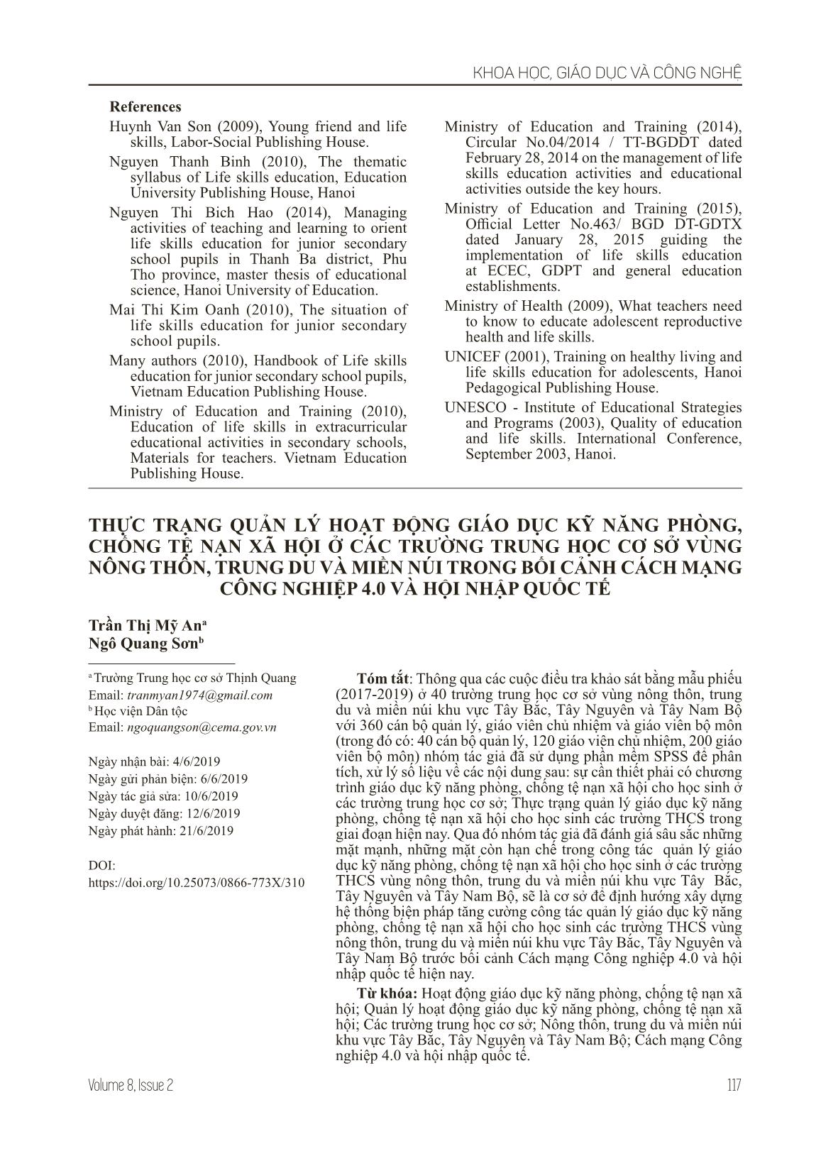 Current management situation of education activities for social evils prevention skills at junior secondary schools in rural, midlands and mountainous areas in the context of industrial revolution 4.0 and international integration trang 8