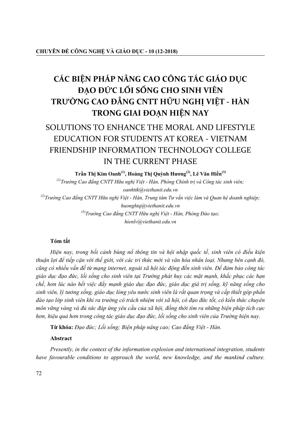 Các biện pháp nâng cao công tác giáo dục đạo đức lối sống cho sinh viên trường Cao đẳng Công nghệ Thông tin Hữu nghị Việt - Hàn trong giai đoạn hiện nay trang 1