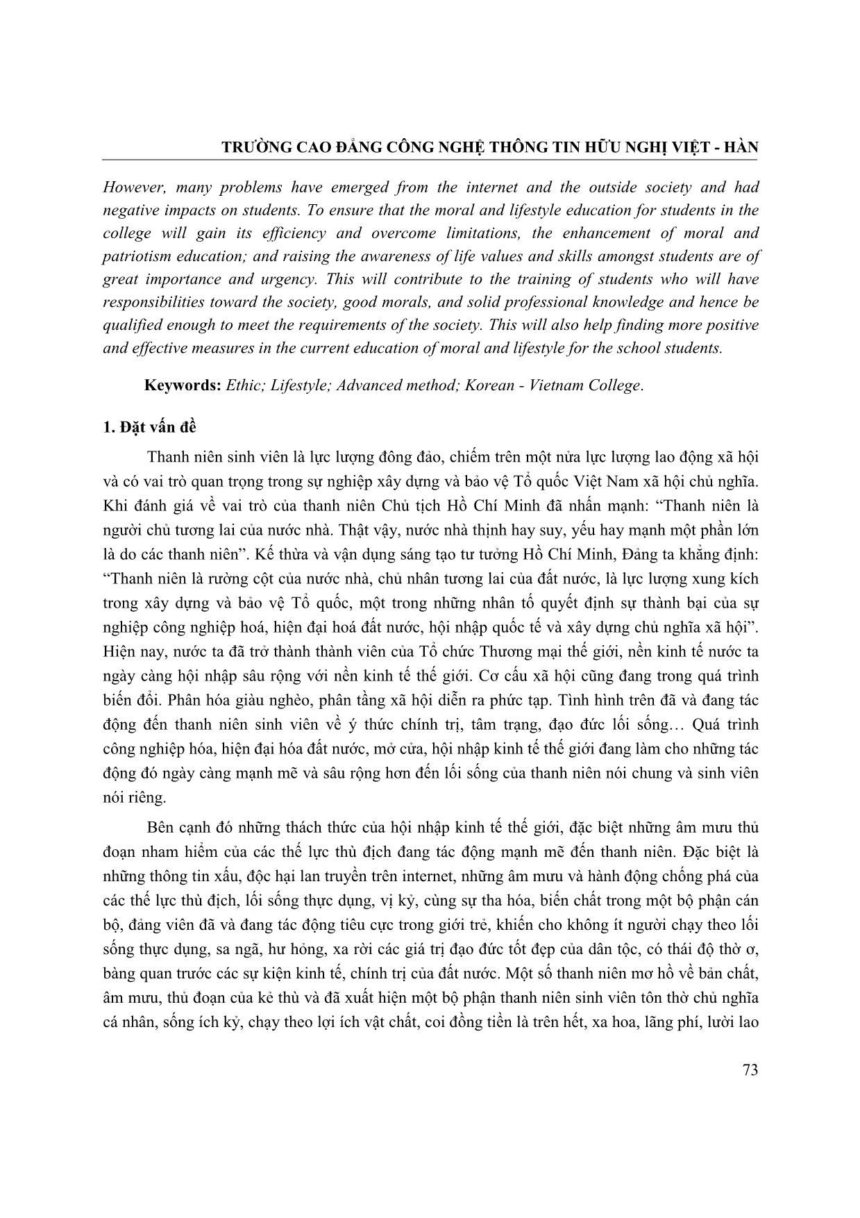 Các biện pháp nâng cao công tác giáo dục đạo đức lối sống cho sinh viên trường Cao đẳng Công nghệ Thông tin Hữu nghị Việt - Hàn trong giai đoạn hiện nay trang 2