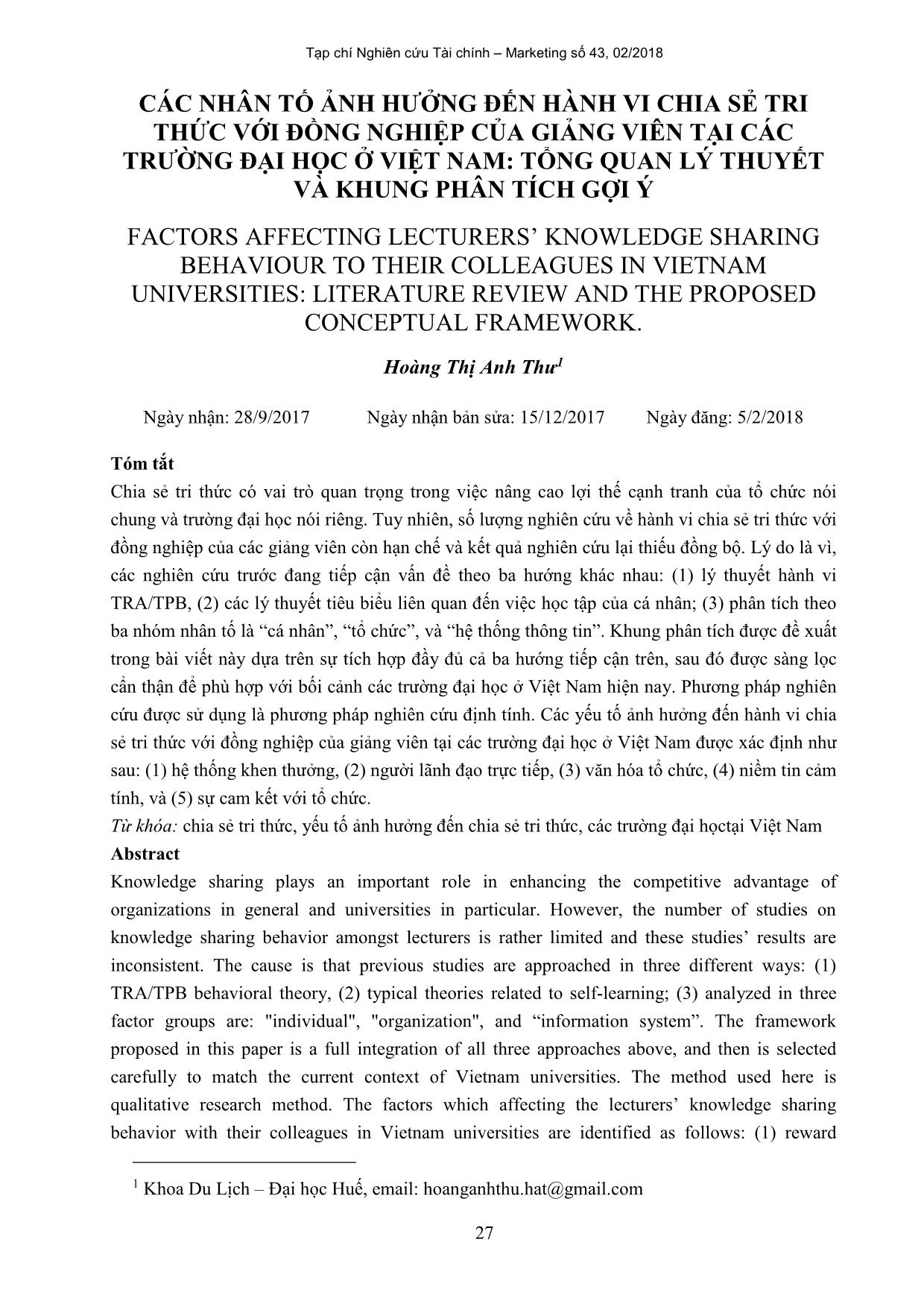 Các nhân tố ảnh hưởng đến hành vi chia sẻ tri thức với đồng nghiệp của giảng viên tại các trường đại học ở Việt Nam: Tổng quan lý thuyết và khung phân tích gợi ý trang 1