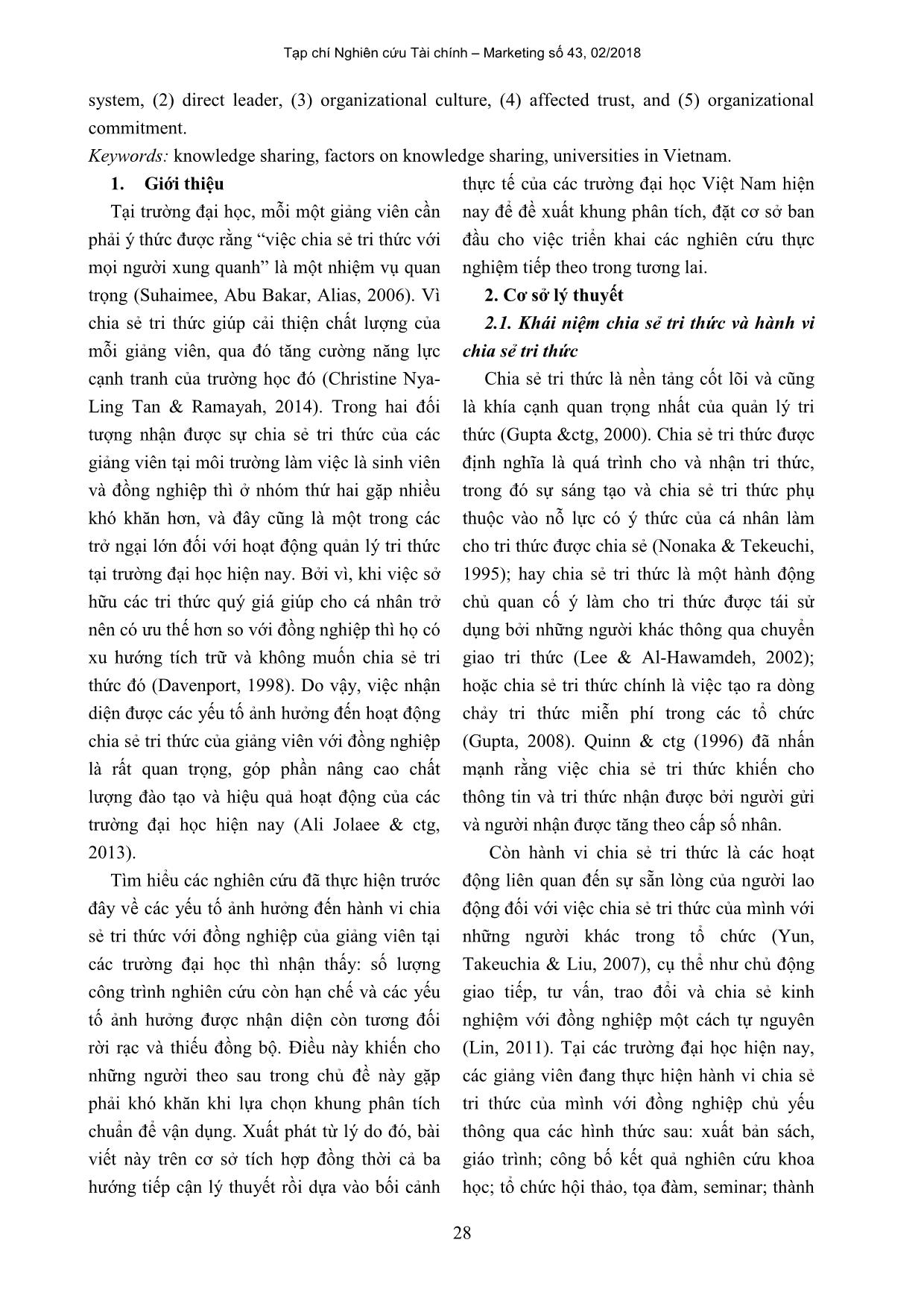 Các nhân tố ảnh hưởng đến hành vi chia sẻ tri thức với đồng nghiệp của giảng viên tại các trường đại học ở Việt Nam: Tổng quan lý thuyết và khung phân tích gợi ý trang 2