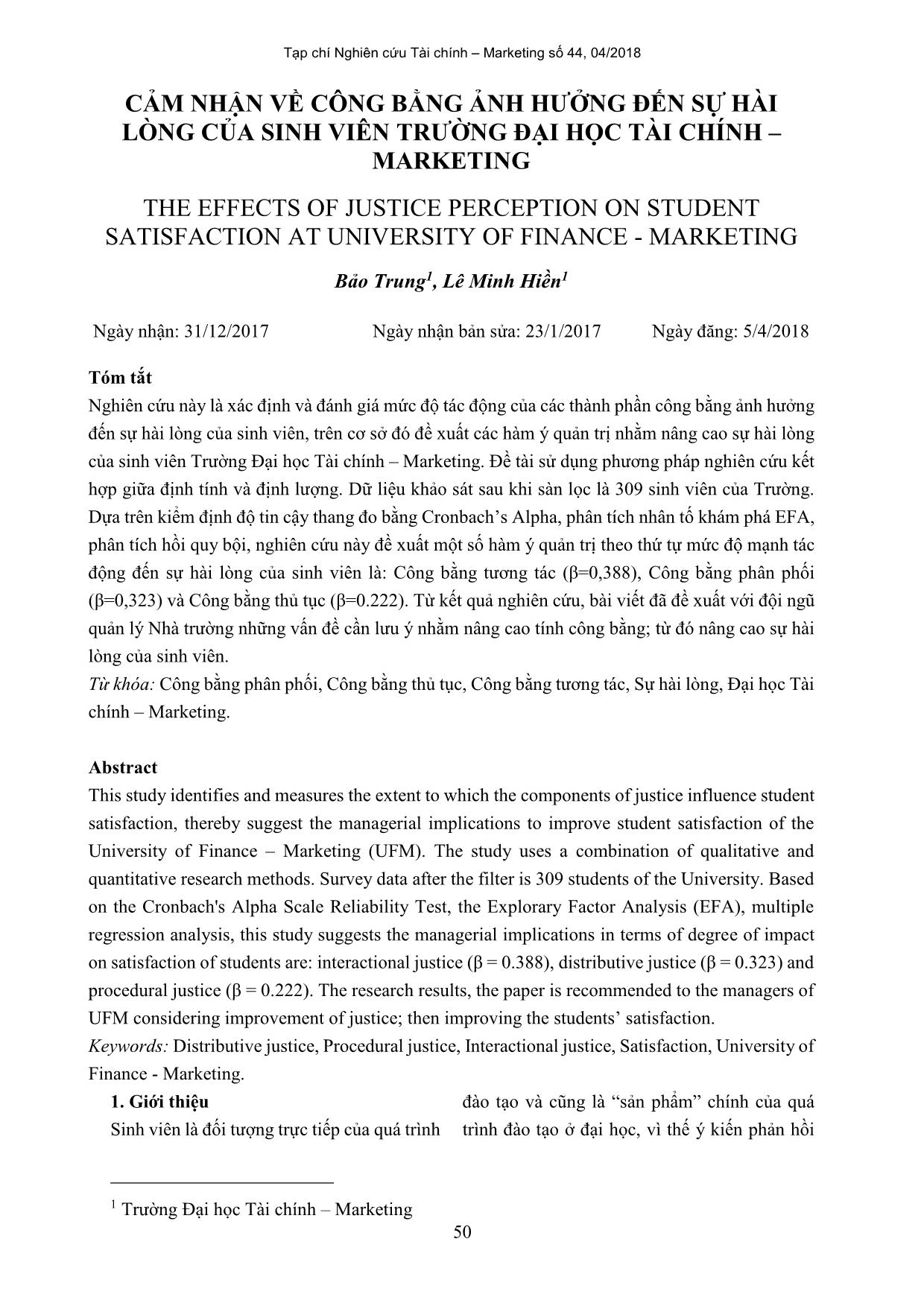 Cảm nhận về công bằng ảnh hưởng đến sự hài lòng của sinh viên trường Đại học Tài chính – Marketing trang 1