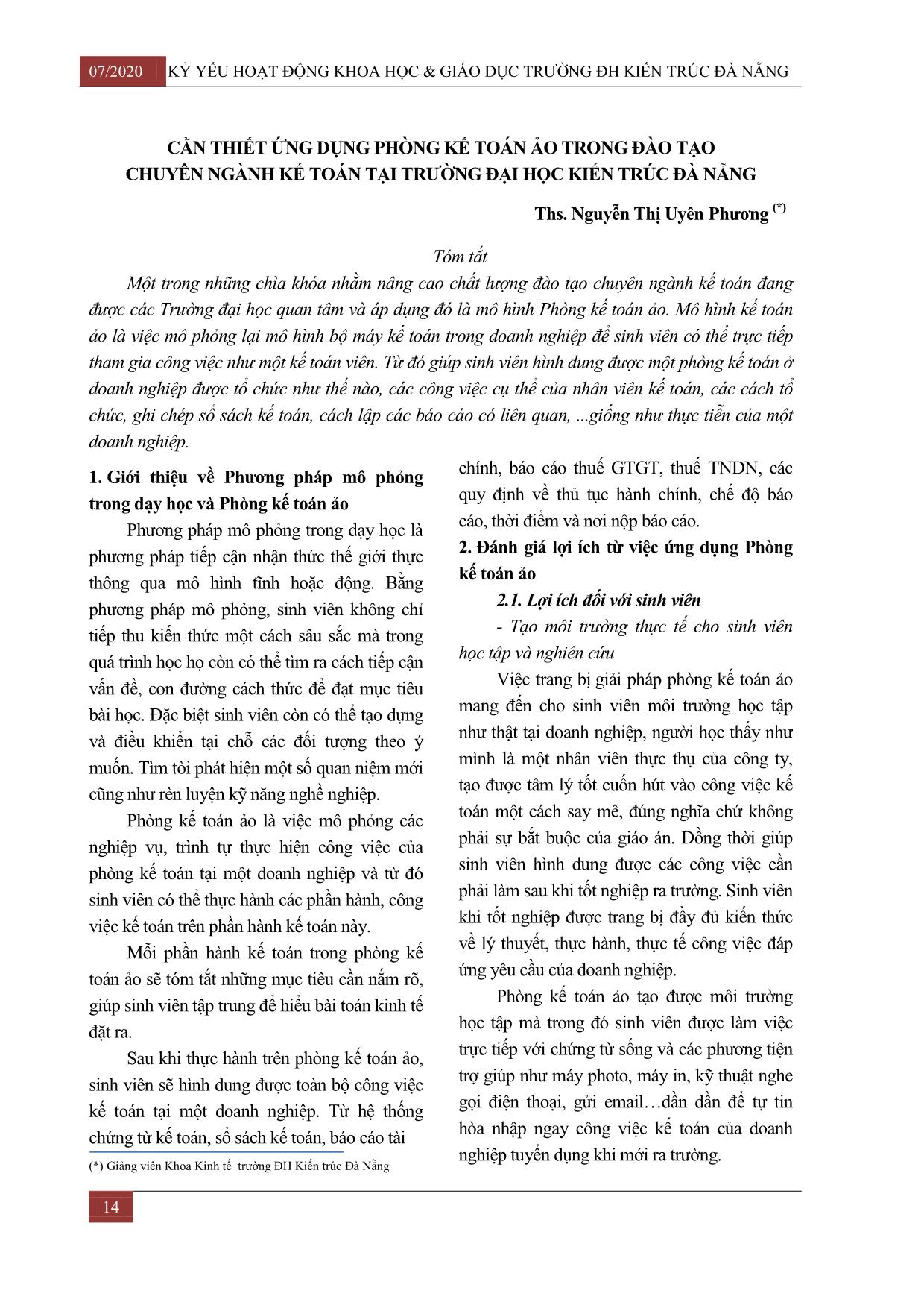 Cần thiết ứng dụng phòng kế toán ảo trong đào tạo chuyên ngành Kế toán tại trường Đại học Kiến trúc Đà Nẵng trang 1