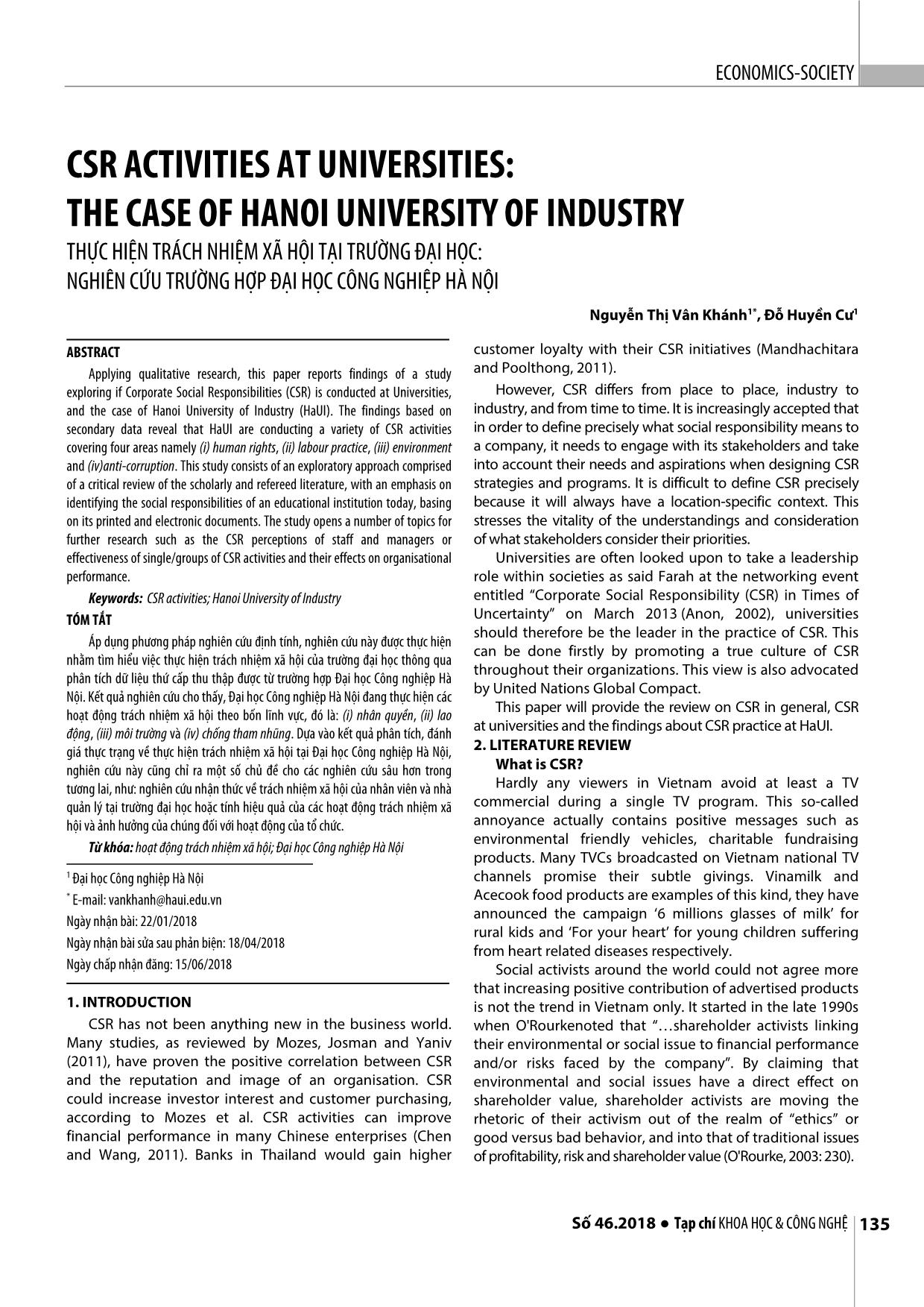 CSR activities at universities: The case of Hanoi University of Industry trang 1