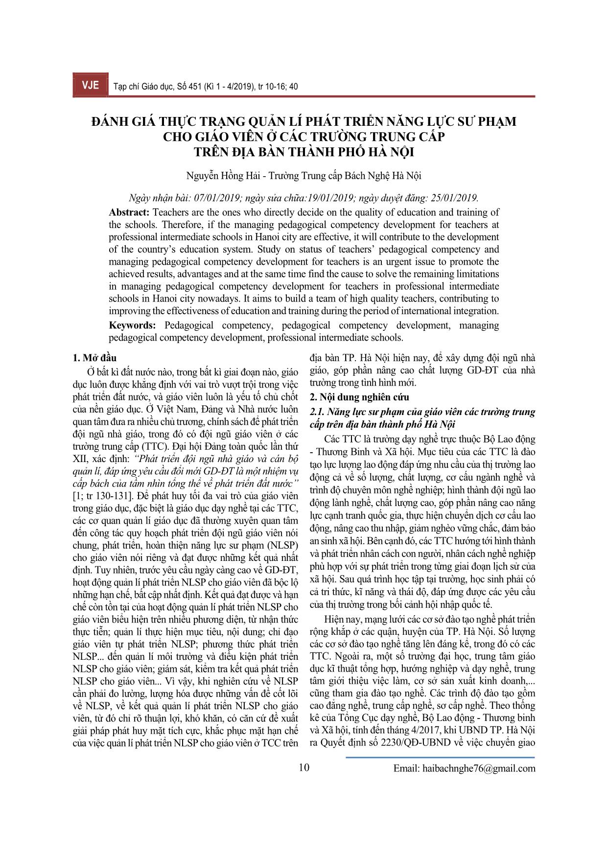 Đánh giá thực trạng quản lí phát triển năng lực sư phạm cho giáo viên ở các trường Trung cấp trên địa bàn thành phố Hà Nội trang 1