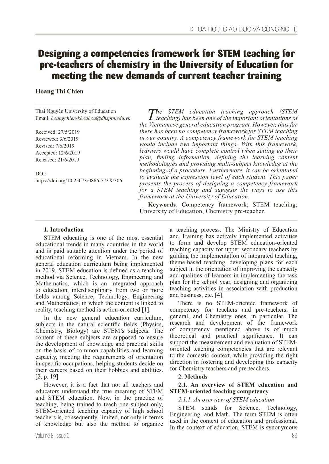 Designing a competencies framework for STEM teaching for pre-Teachers of chemistry in the University of Education for meeting the new demands of current teacher training trang 1