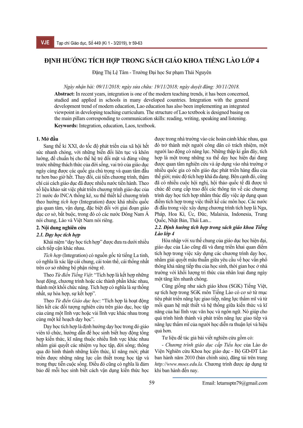 Định hướng tích hợp trong sách giáo khoa tiếng Lào Lớp 4 trang 1
