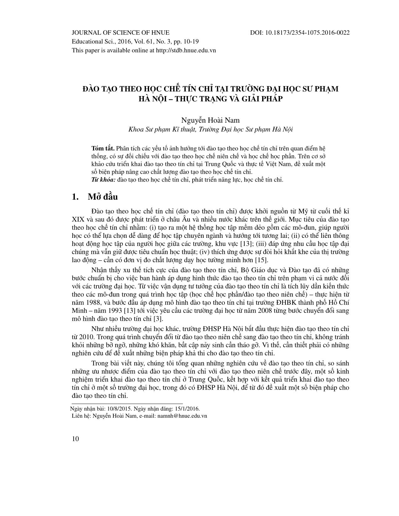 Đào tạo theo học chế tín chỉ tại trường Đại học Sư phạm Hà Nội – Thực trạng và giải pháp trang 1