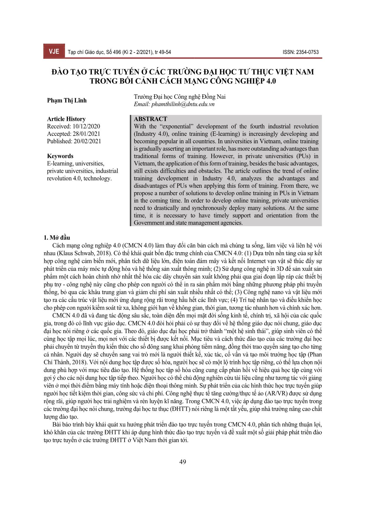 Đào tạo trực tuyến ở các trường đại học tư thục Việt Nam trong bối cảnh cách mạng công nghiệp 4.0 trang 1