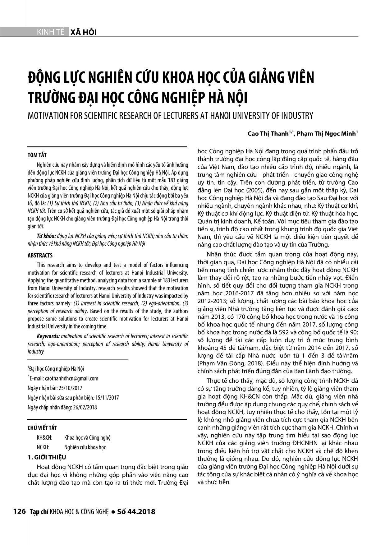 Động lực nghiên cứu khoa học của giảng viên trường Đại học Công nghiệp Hà Nội trang 1