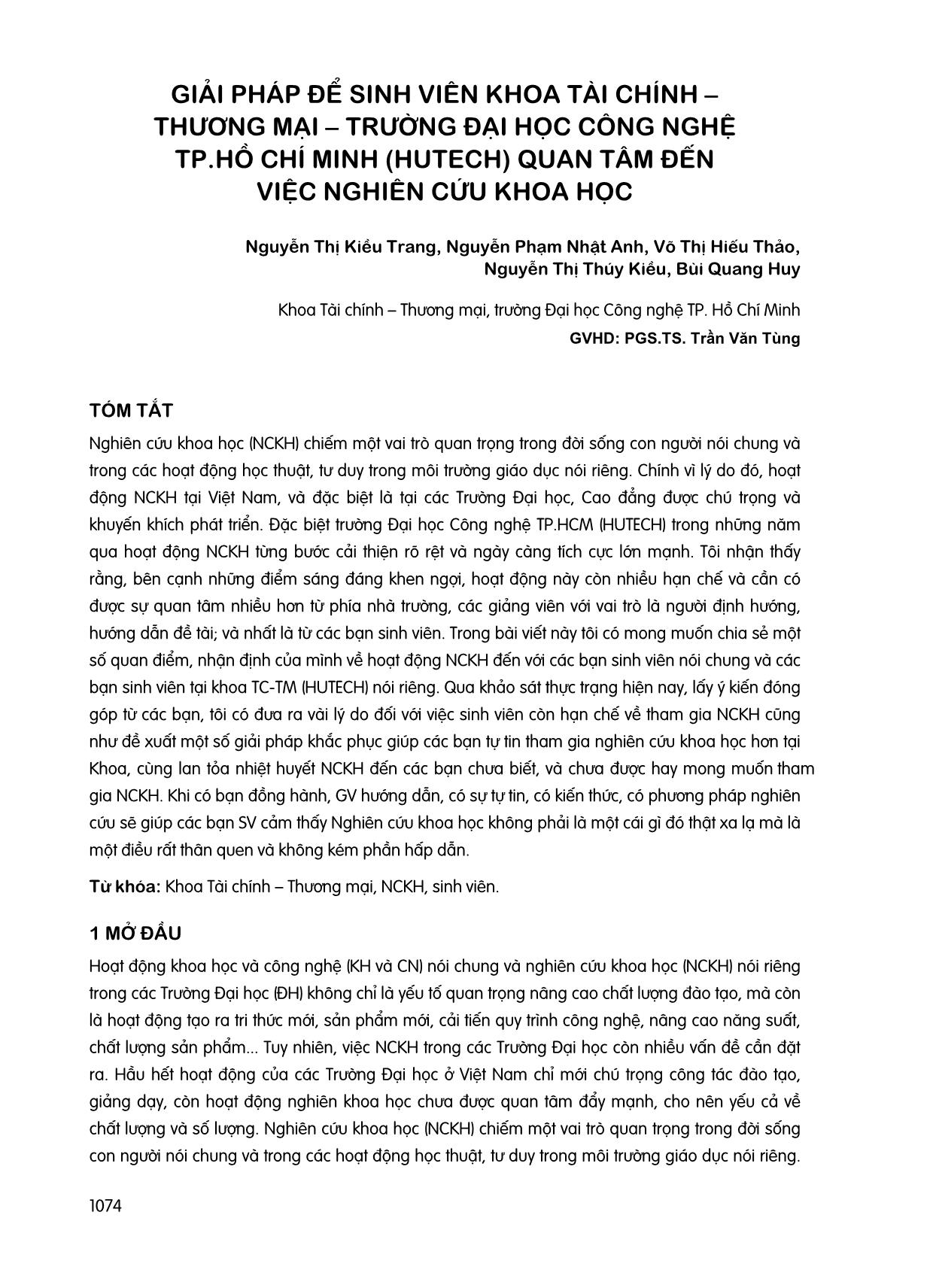 Giải pháp để sinh viên Khoa Tài chính Thương mại - Trường Đại học Công nghệ thành phố Hồ Chí Minh (Hutech) quan tâm đến việc nghiên cứu khoa học trang 1