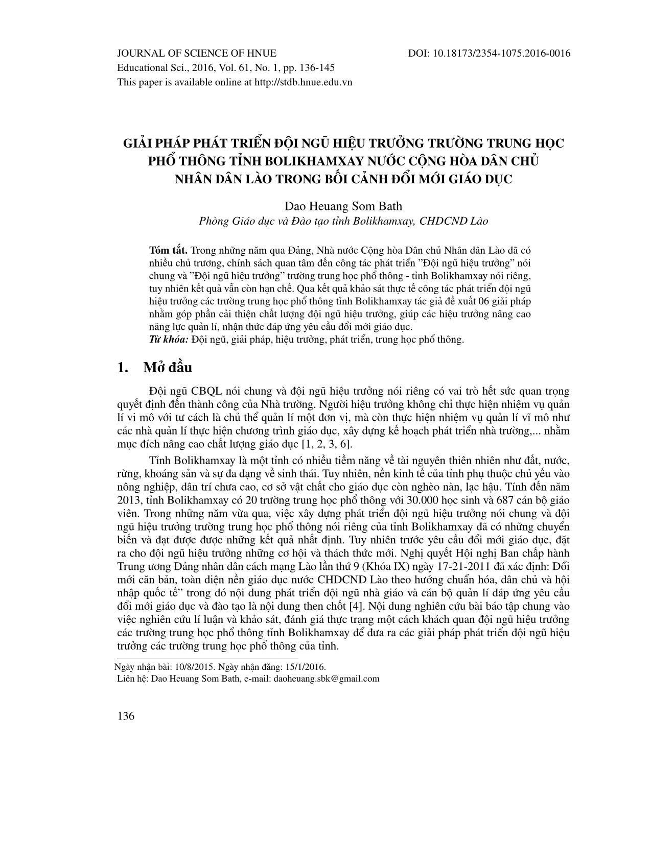 Giải pháp phát triển đội ngũ hiệu trưởng trường Trung học Phổ thông tỉnh Bolikhamxay nước Cộng hòa Dân chủ Nhân dân Lào trong bối cảnh đổi mới giáo dục trang 1