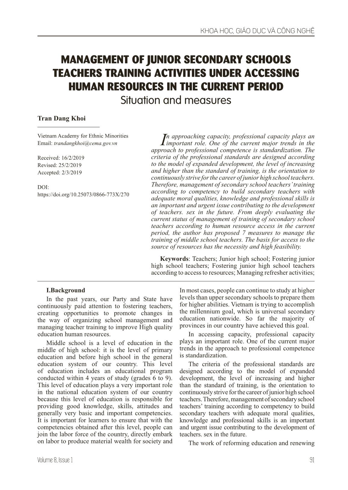 Management of junior secondary schools teachers training activities under accessing human resources in the current period trang 1