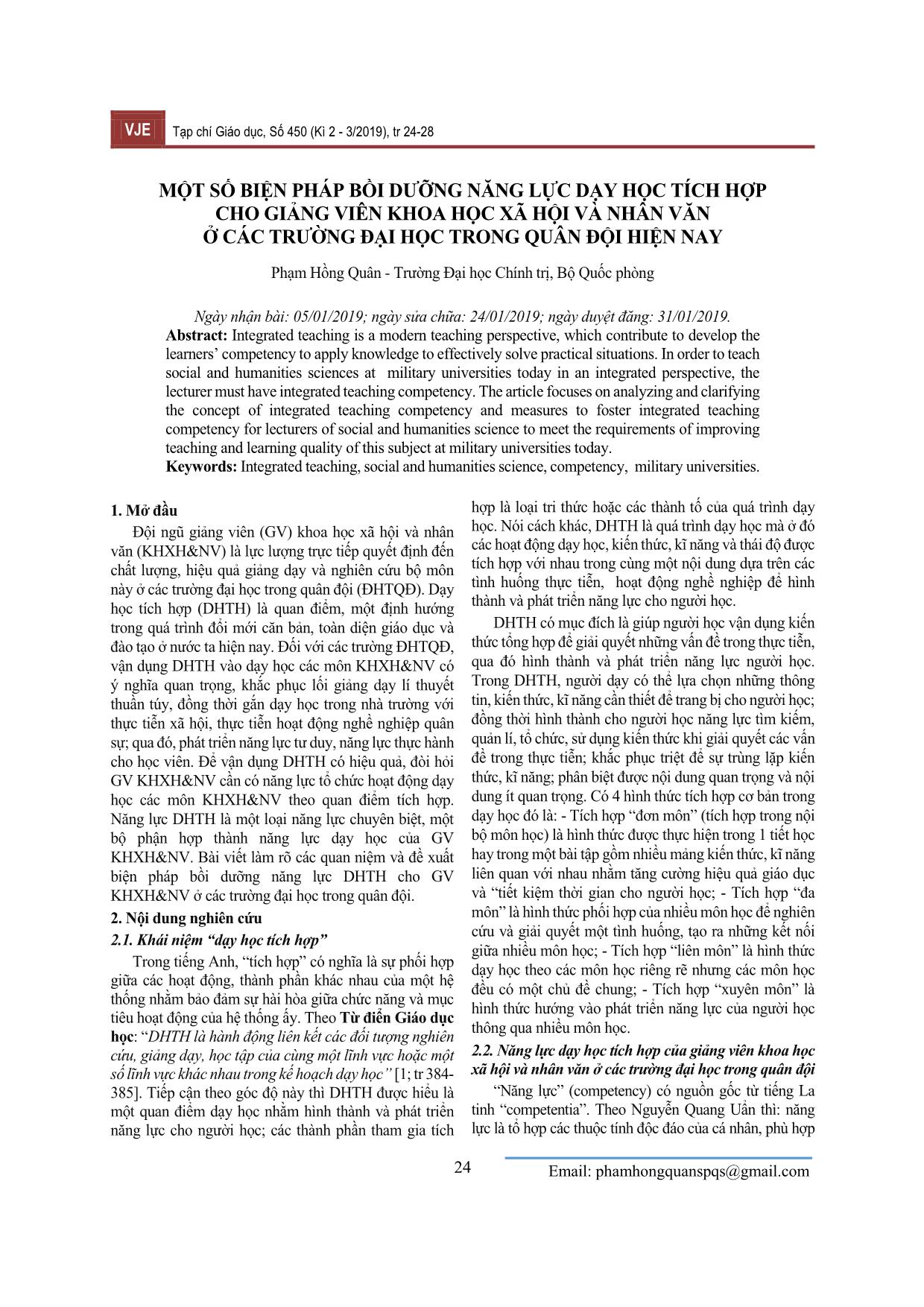 Một số biện pháp bồi dưỡng năng lực dạy học tích hợp cho giảng viên khoa học xã hội và nhân văn ở các trường đại học trong quân đội hiện nay trang 1