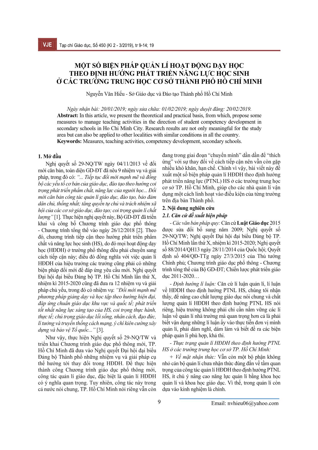 Một số biện pháp quản lí hoạt động dạy học theo định hướng phát triển năng lực học sinh ở các trường Trung học Cơ sở thành phố Hồ Chí Minh trang 1