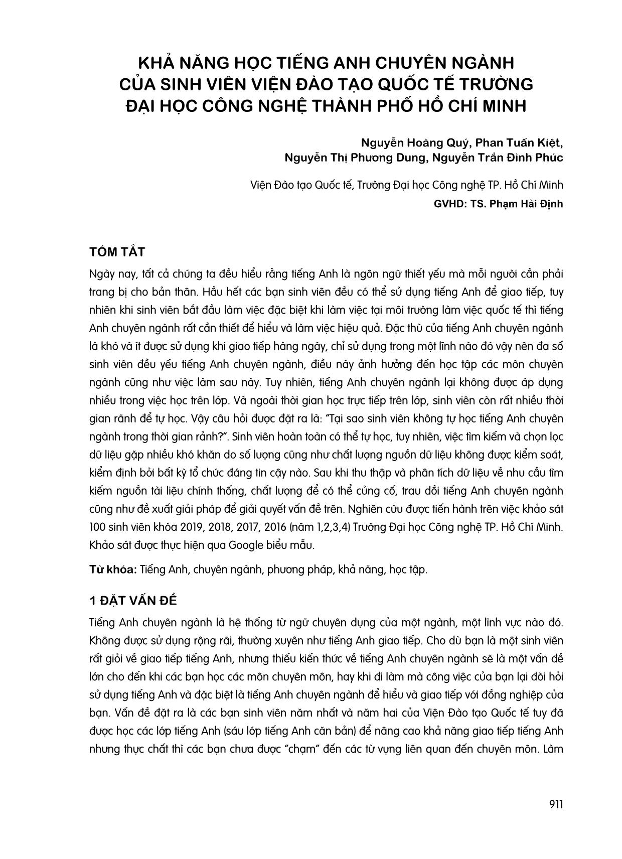 Khả năng học tiếng Anh chuyên ngành của sinh viên viện đào tạo quốc tế trường Đại học Công nghệ thành phố Hồ Chí Minh trang 1
