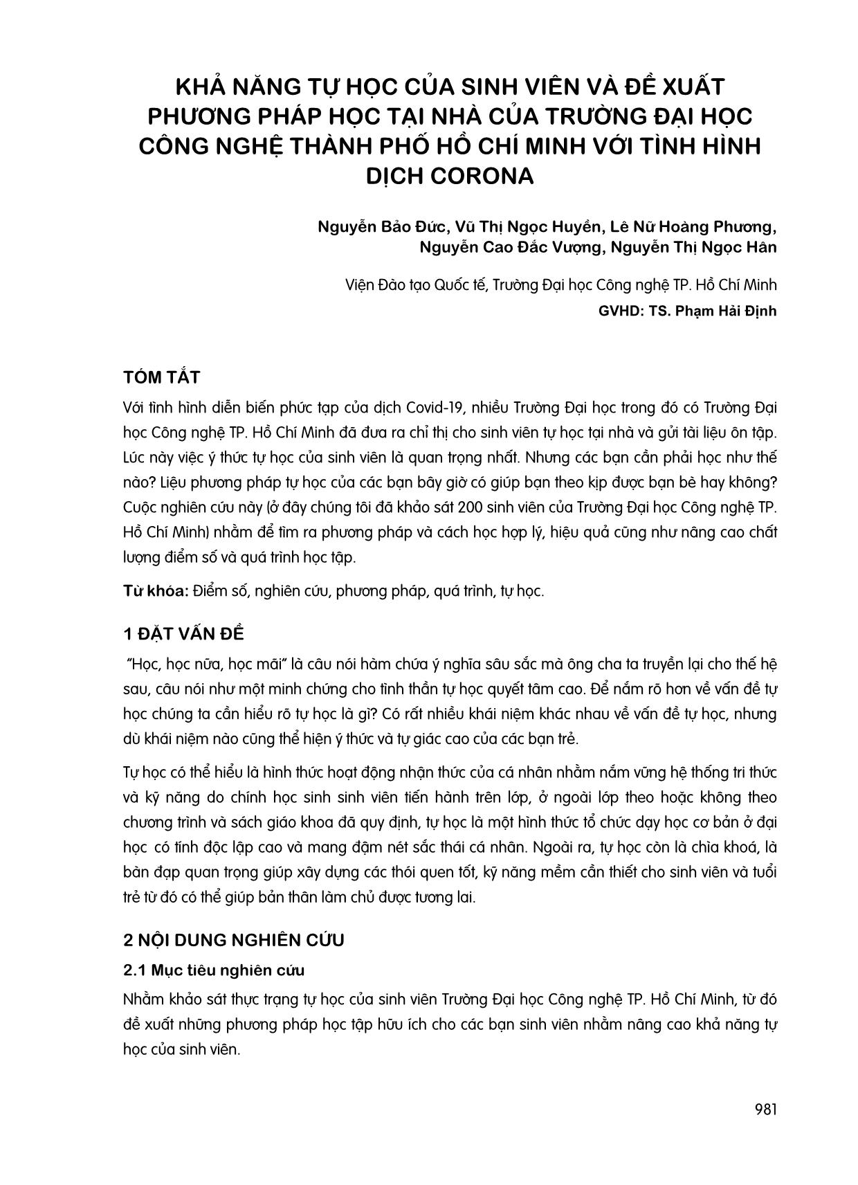 Khả năng tự học của sinh viên và đề xuất phương pháp học tại nhà của trường Đại học Công nghệ thành phố Hồ Chí Minh với tình hình dịch Corona trang 1