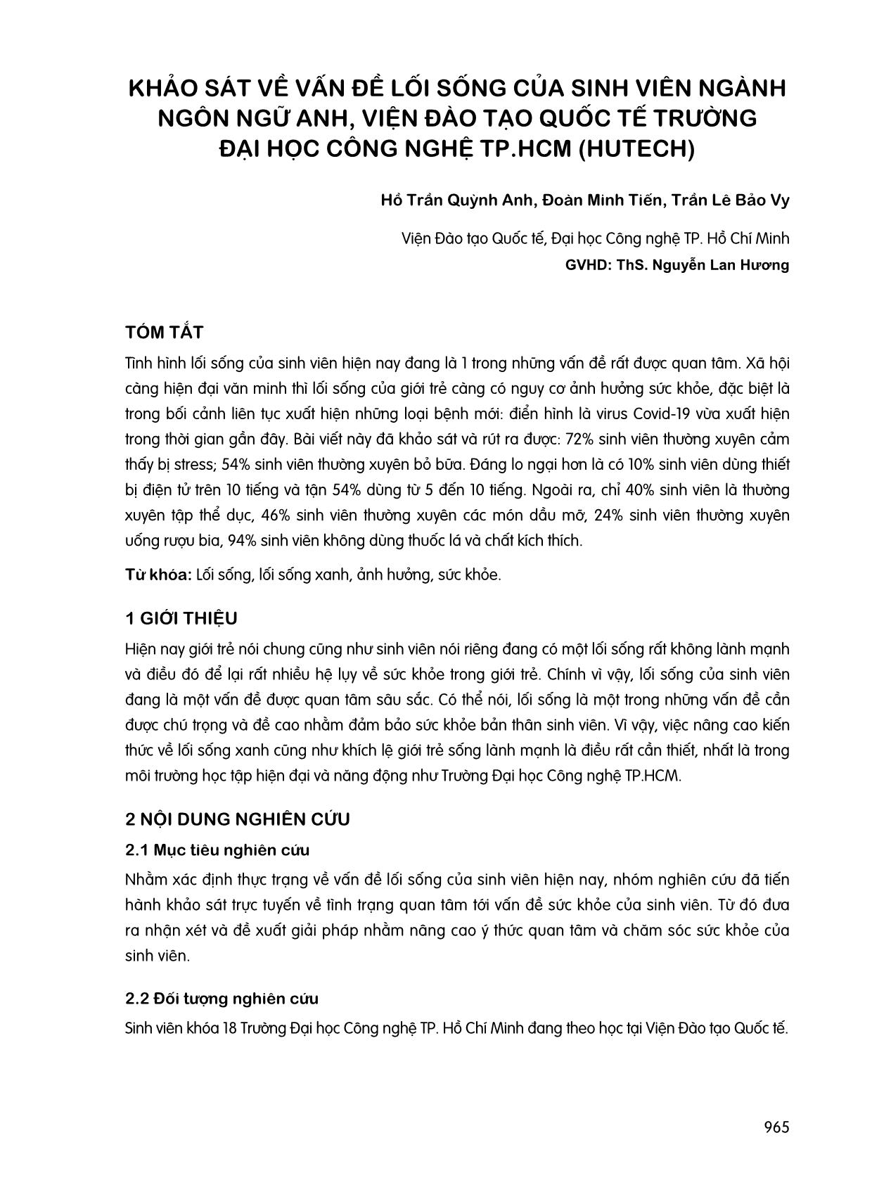 Khảo sát về vấn đề lối sống của sinh viên ngành Ngôn ngữ Anh, Viện đào tạo quốc tế trường Đại học Công nghệ thành phố Hồ Chí Minh (Hutech) trang 1