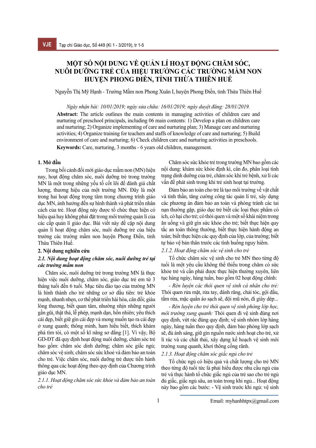 Một số nội dung về quản lí hoạt động chăm sóc, nuôi dưỡng trẻ của hiệu trưởng các trường mầm non huyện Phong Điền, tỉnh Thừa Thiên Huế trang 1