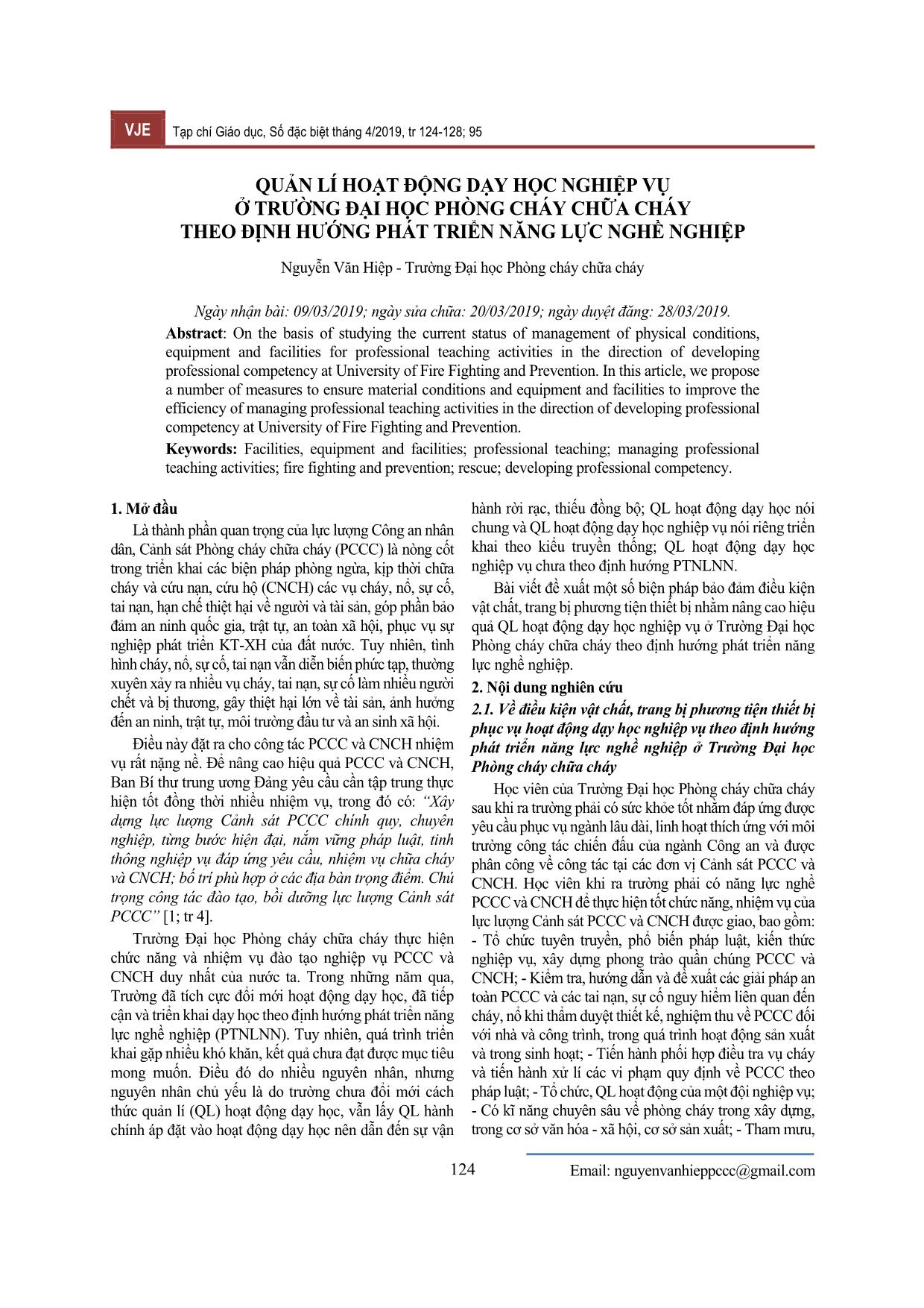 Quản lí hoạt động dạy học nghiệp vụ ở trường Đại học Phòng cháy Chữa cháy theo định hướng phát triển năng lực nghề nghiệp trang 1
