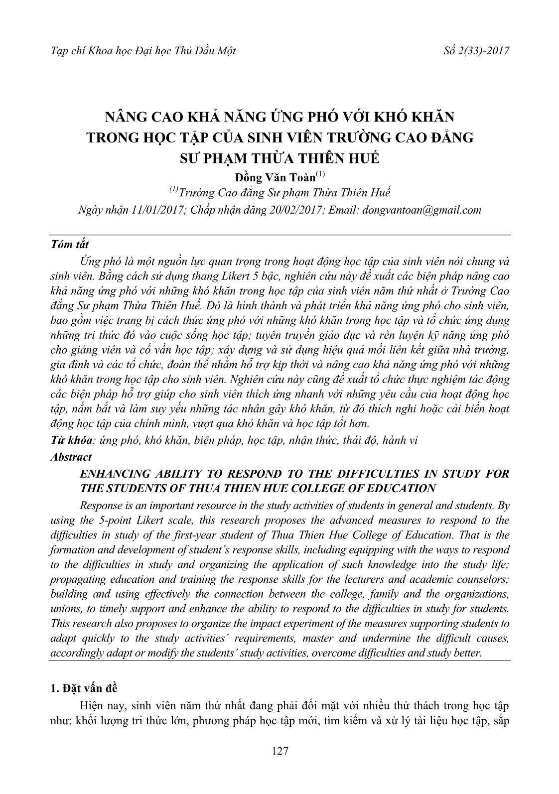 Nâng cao khả năng ứng phó với khó khăn trong học tập của sinh viên trường Cao đẳng Sư phạm Thừa Thiên Huế trang 1