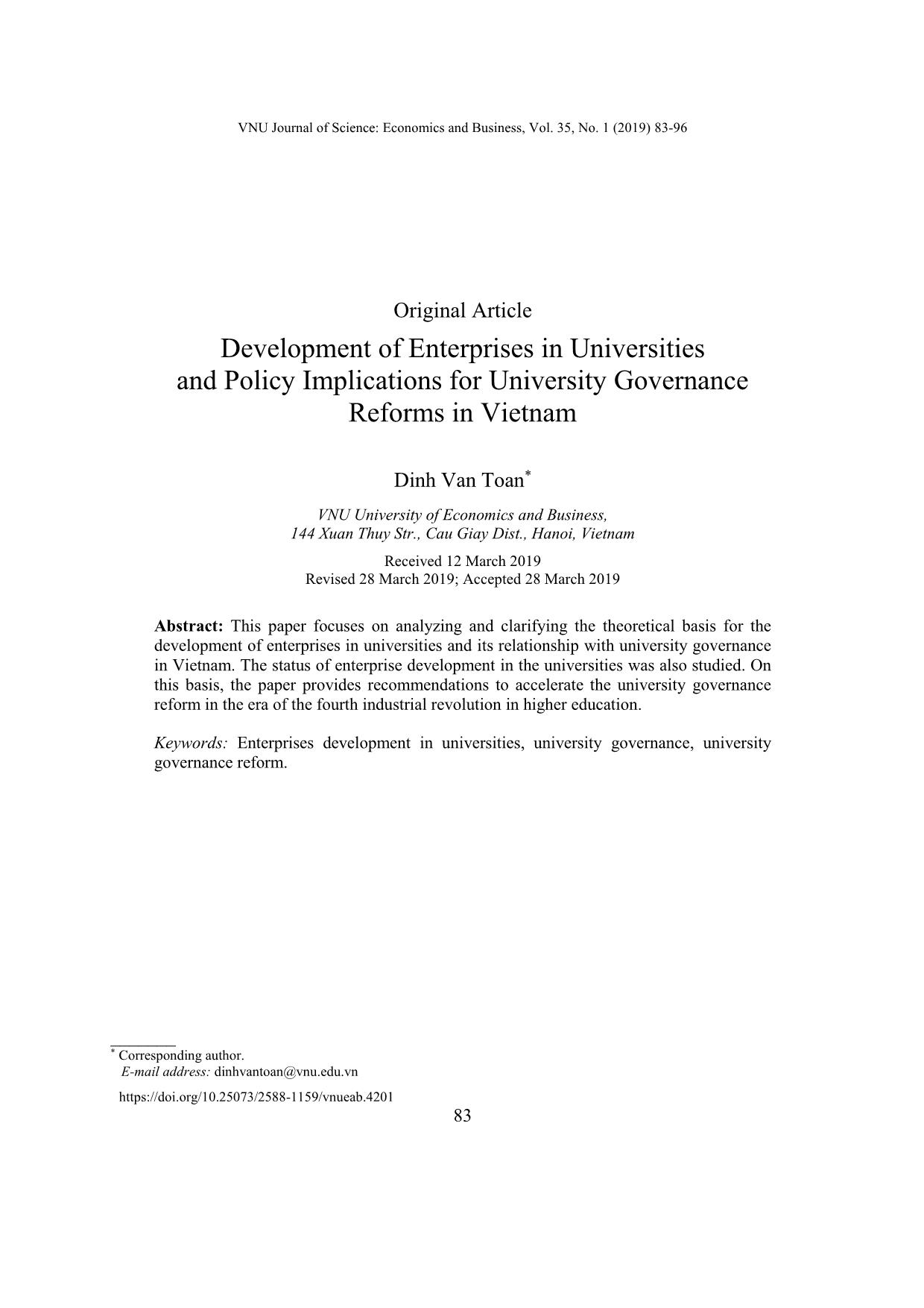 Development of enterprises in Universities and policy implications for University governance reforms in Vietnam trang 1