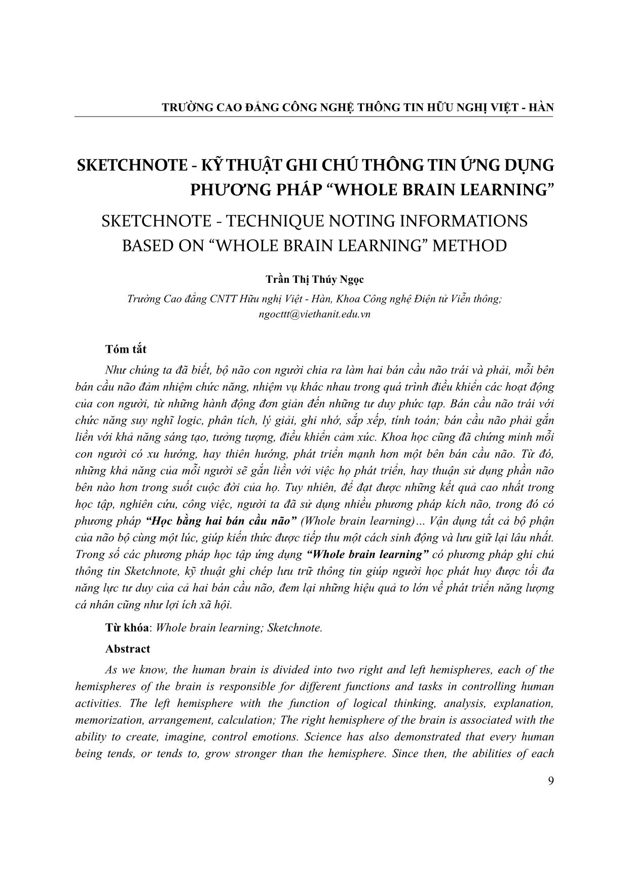 Sketchnote - Kỹ thuật ghi chú thông tin ứng dụng phương pháp “Whole brain learning” trang 3