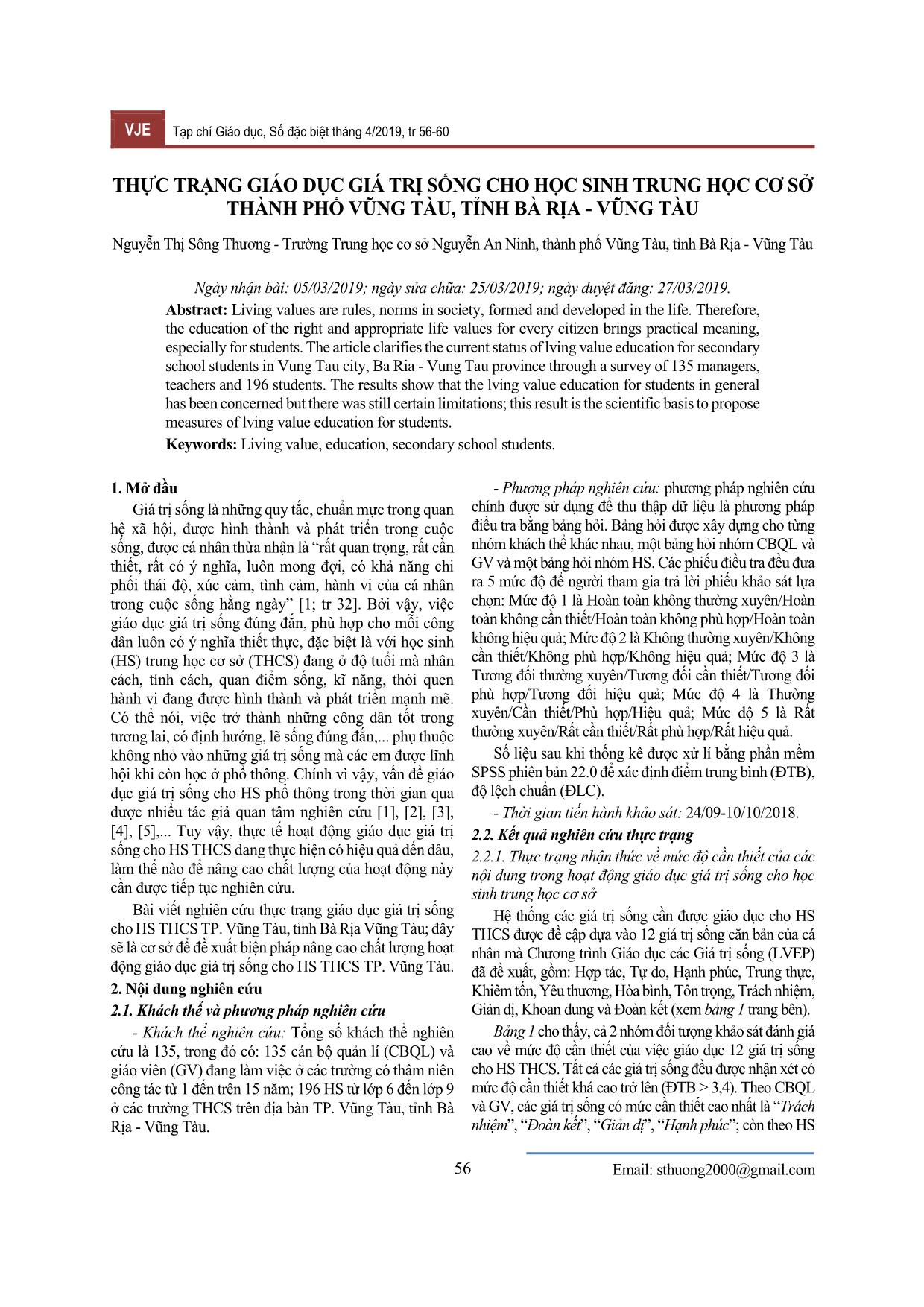 Thực trạng giáo dục giá trị sống cho học sinh Trung học Cơ sở thành phố Vũng Tàu, tỉnh Bà Rịa - Vũng Tàu trang 1