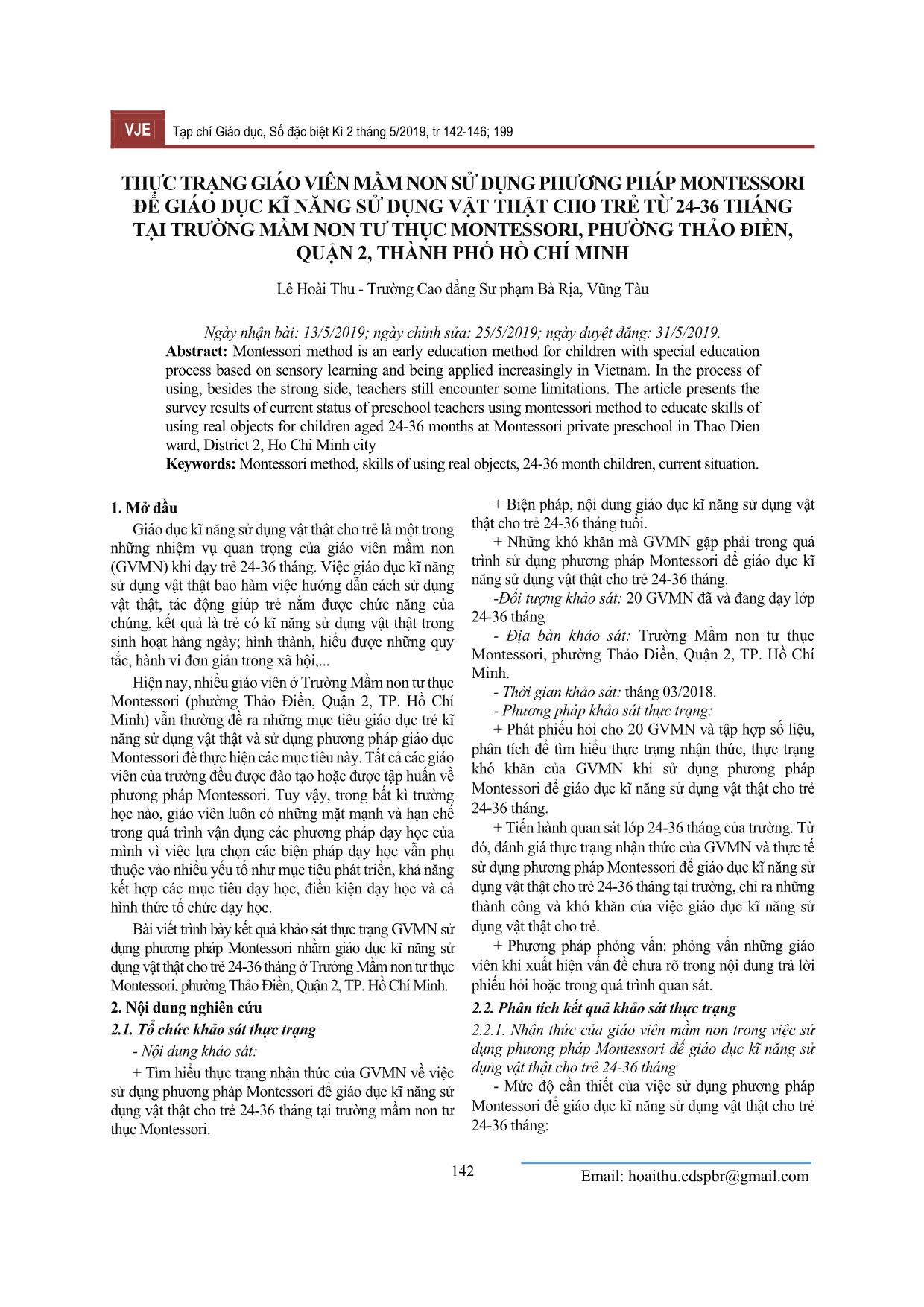 Thực trạng giáo viên Mầm non sử dụng phương pháp Montessori để giáo dục kĩ năng sử dụng vật thật cho trẻ từ 24-36 tháng tại trường Mầm non Tư thục Montessori, phường Thảo Điền, Quận 2, thành phố Hồ Chí Minh trang 1