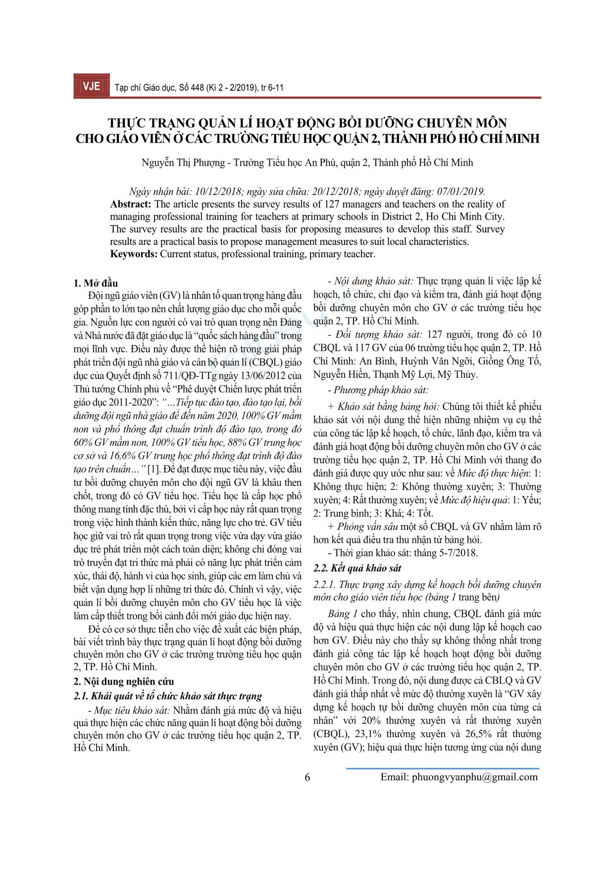 Thực trạng quản lí hoạt động bồi dưỡng chuyên môn cho giáo viên ở các trường Tiểu học Quận 2, thành phố Hồ Chí Minh trang 1