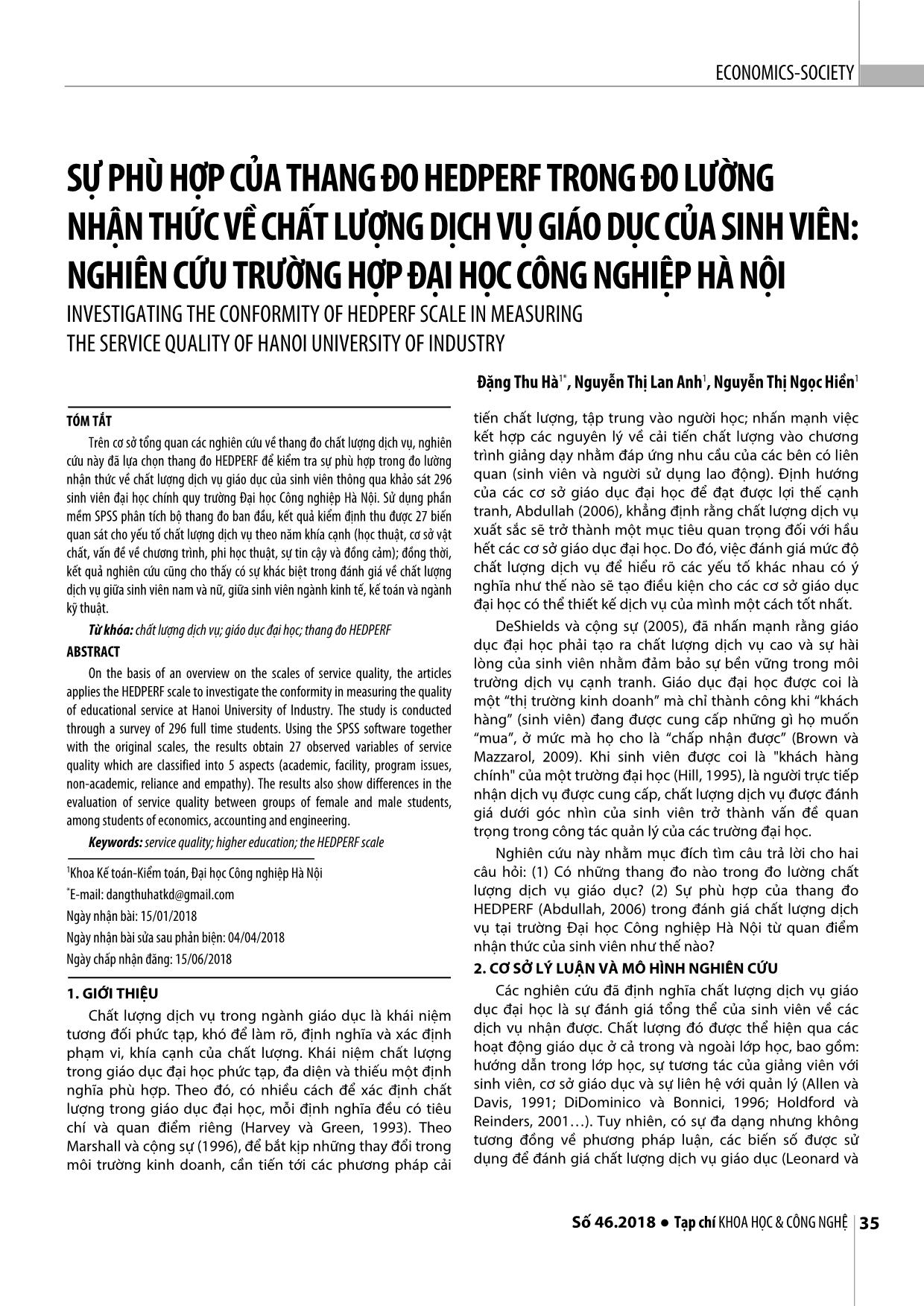 Sự phù hợp của thang đo HEDPERF trong đo lường nhận thức về chất lượng dịch vụ giáo dục của sinh viên: Nghiên cứu trường hợp Đại học Công nghiệp Hà Nội trang 1
