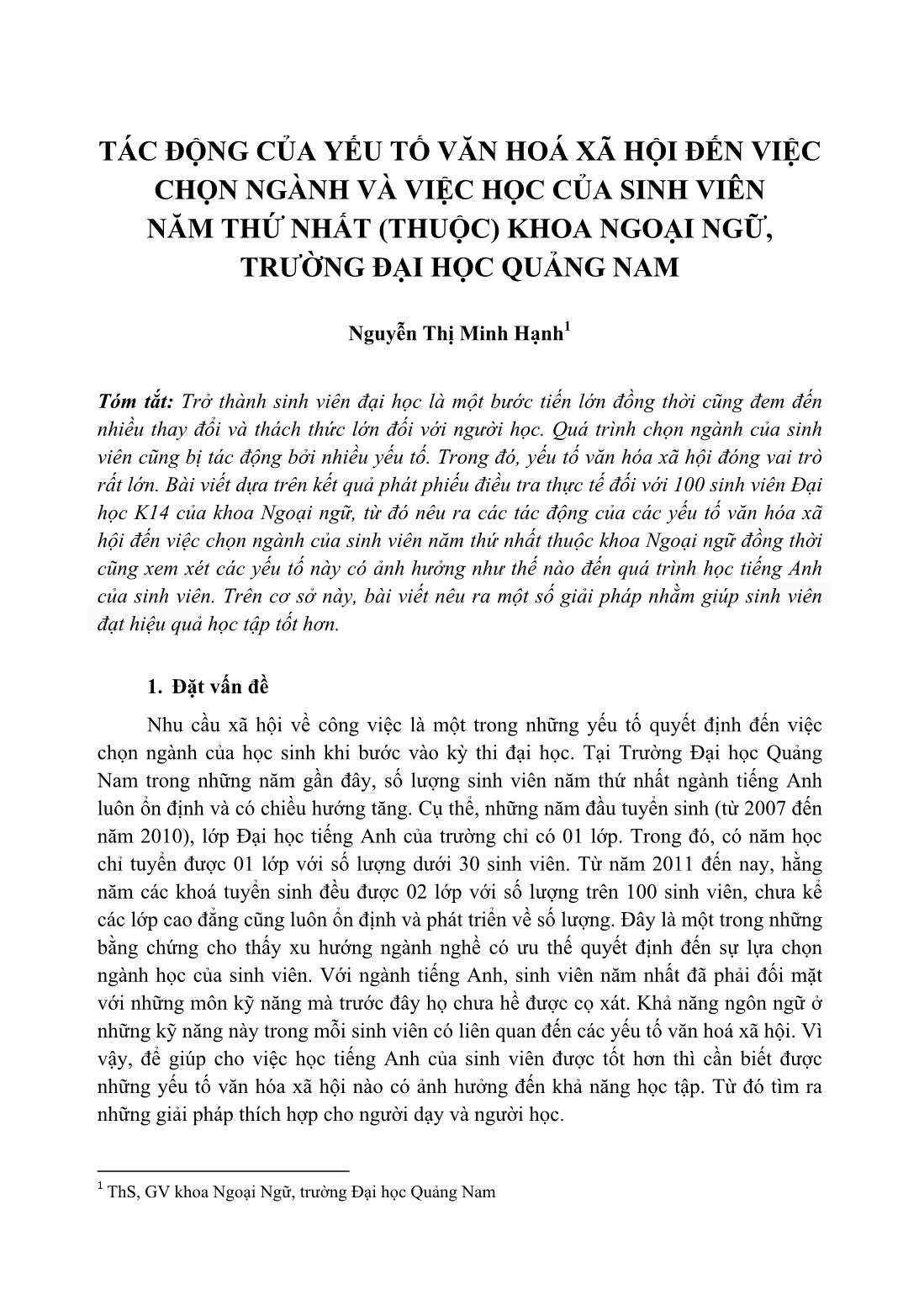 Tác động của yếu tố văn hoá xã hội đến việc chọn ngành và việc học của sinh viên năm thứ nhất (thuộc) khoa Ngoại ngữ, trường Đại học Quảng Nam trang 1