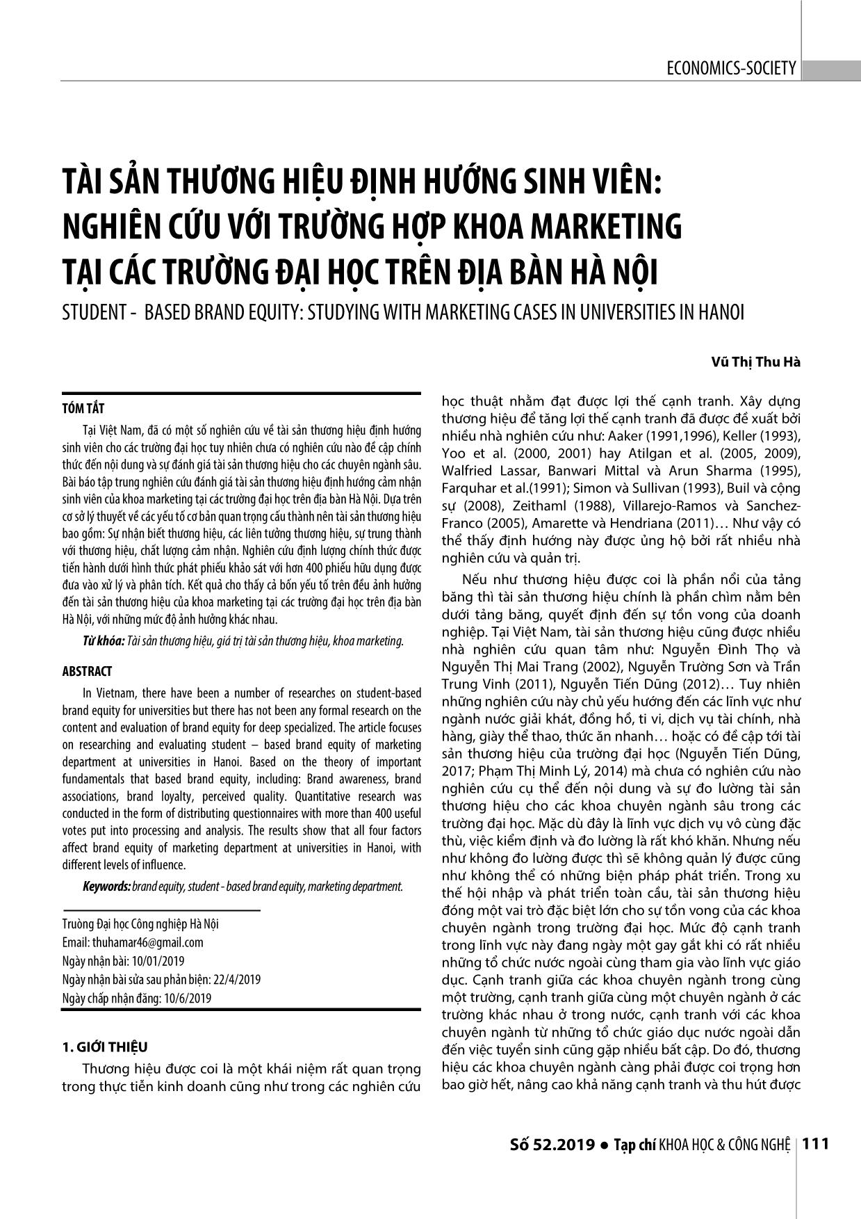 Tài sản thương hiệu định hướng sinh viên: Nghiên cứu với trường hợp khoa Marketing tại các trường đại học trên địa bàn Hà Nội trang 1