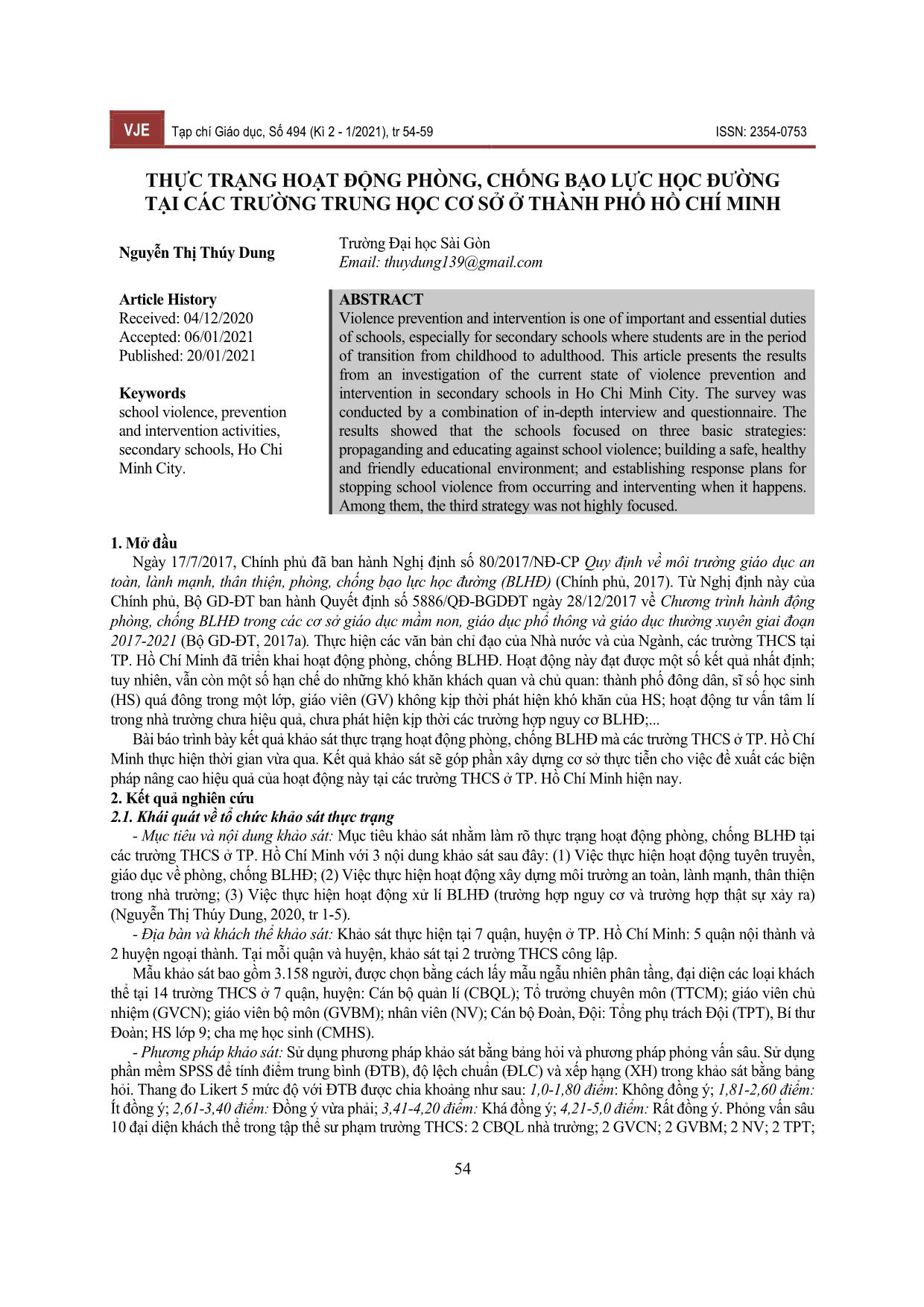 Thực trạng hoạt động phòng, chống bạo lực học đường tại các trường Trung học Cơ sở ở thành phố Hồ Chí Minh trang 1