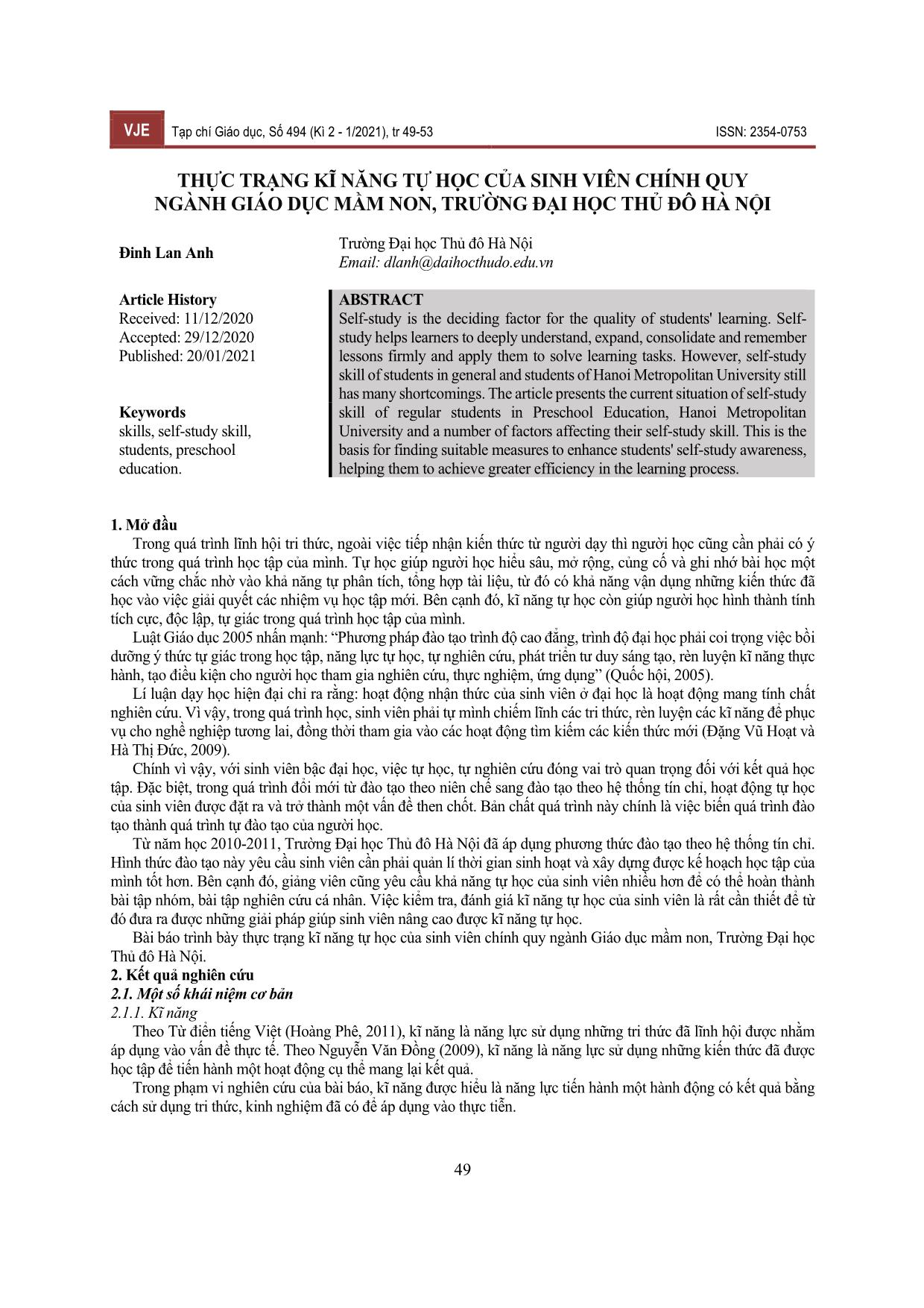 Thực trạng kĩ năng tự học của sinh viên chính quy ngành Giáo dục Mầm non, trường Đại học Thủ đô Hà Nội trang 1