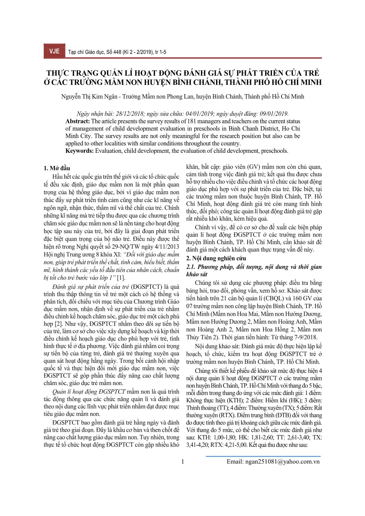 Thực trạng quản lí hoạt động đánh giá sự phát triển của trẻ ở các trường Mầm non huyện Bình Chánh, thành phố Hồ Chí Minh trang 1