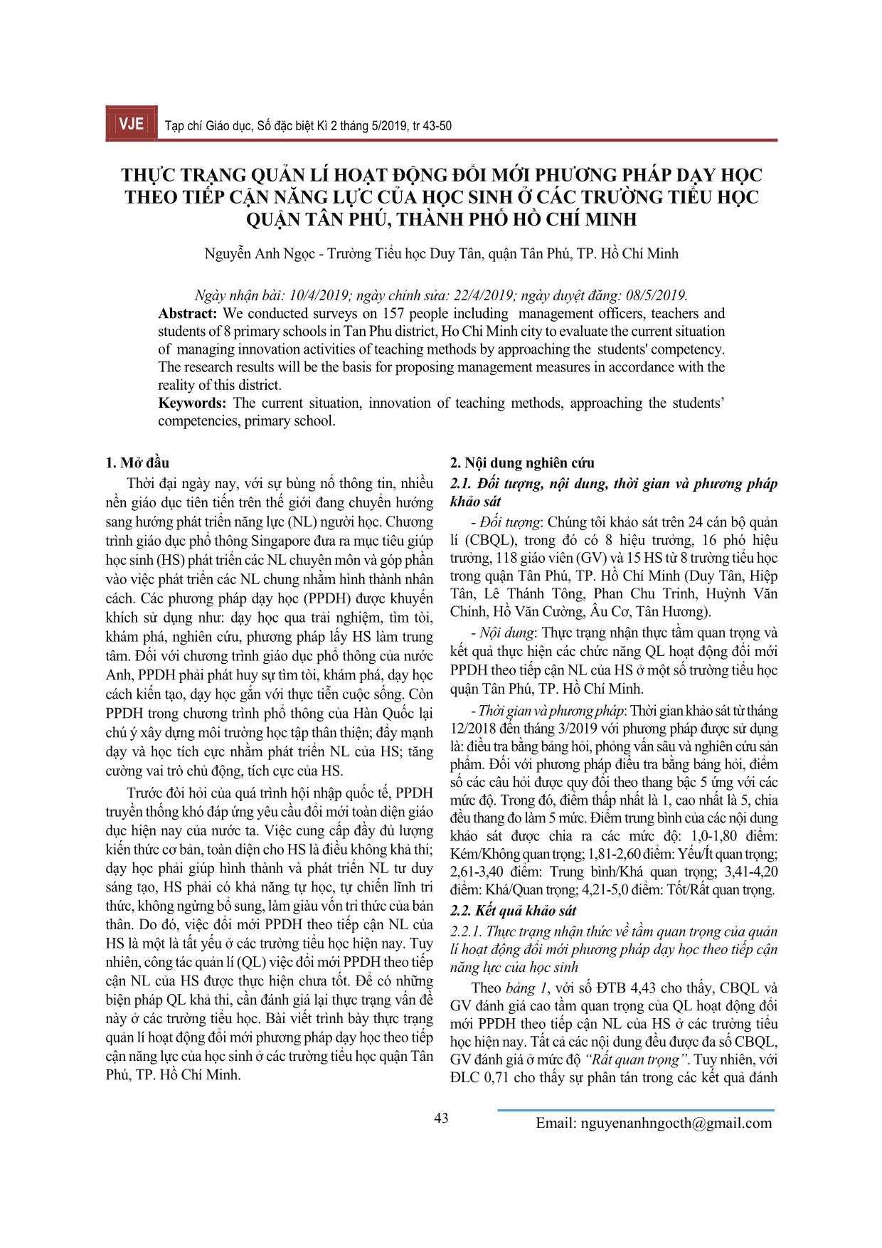 Thực trạng quản lí hoạt động đổi mới phương pháp dạy học theo tiếp cận năng lực của học sinh ở các trường Tiểu học quận Tân Phú, thành phố Hồ Chí Minh trang 1