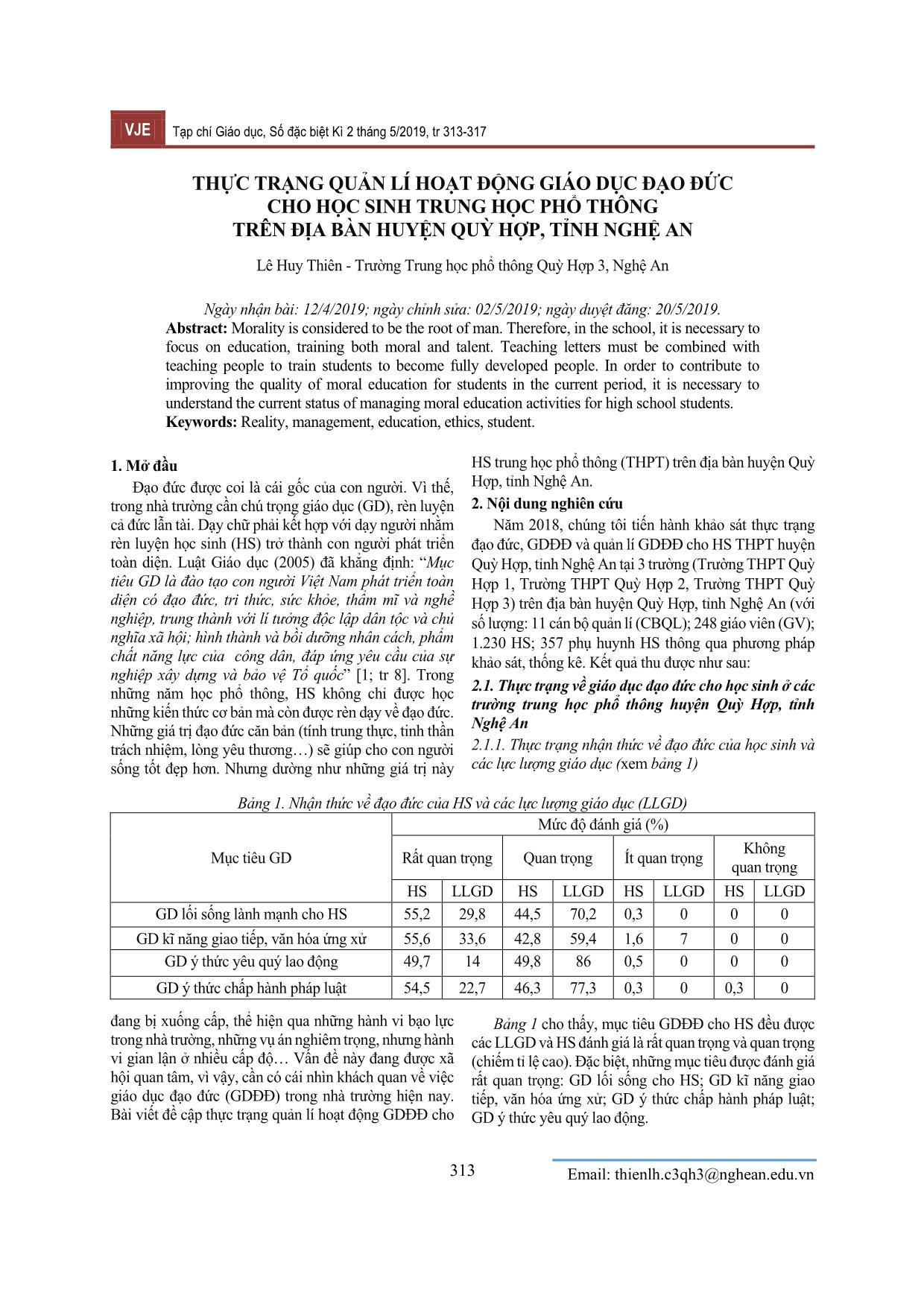 Thực trạng quản lí hoạt động giáo dục đạo đức cho học sinh Trung học Phổ thông trên địa bàn huyện Quỳ Hợp, tỉnh Nghệ An trang 1