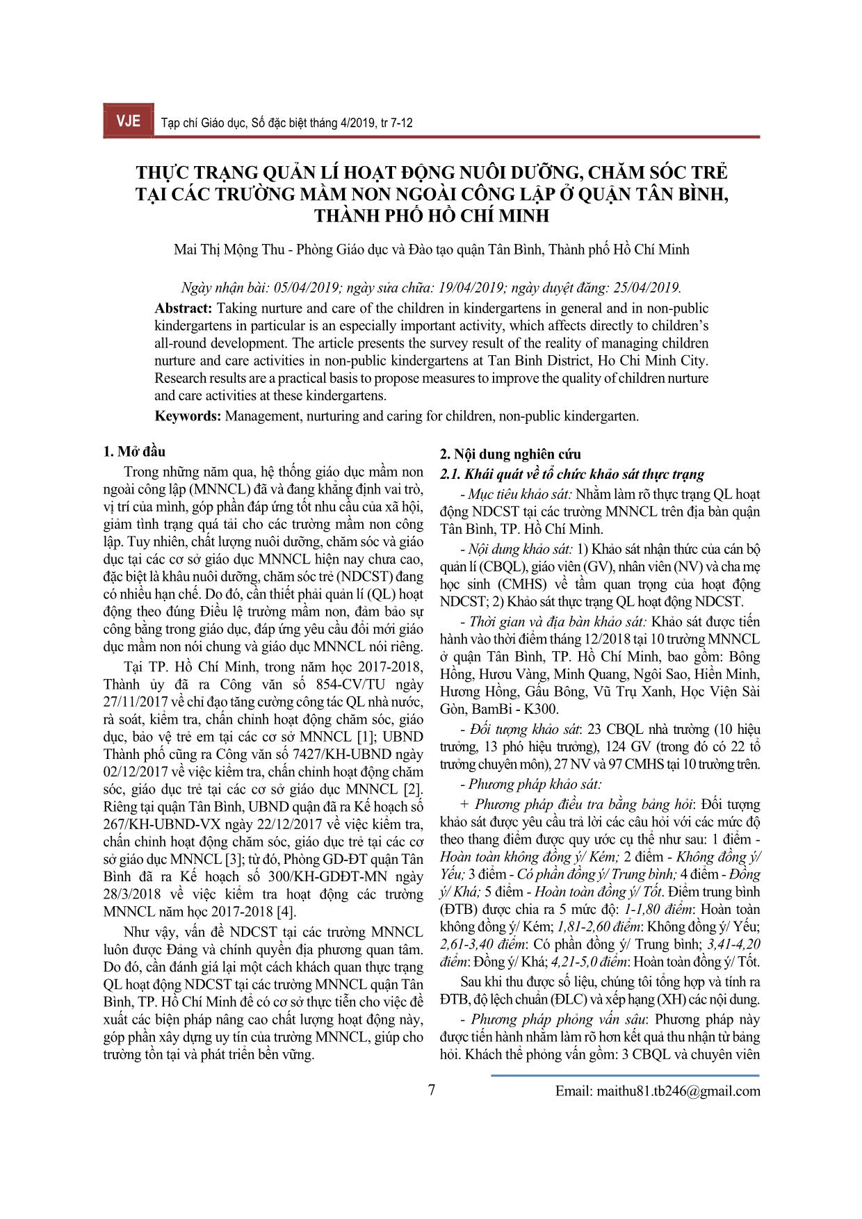Thực trạng quản lí hoạt động nuôi dưỡng, chăm sóc trẻ tại các trường Mầm non ngoài công lập ở quận Tân Bình, thành phố Hồ Chí Minh trang 1