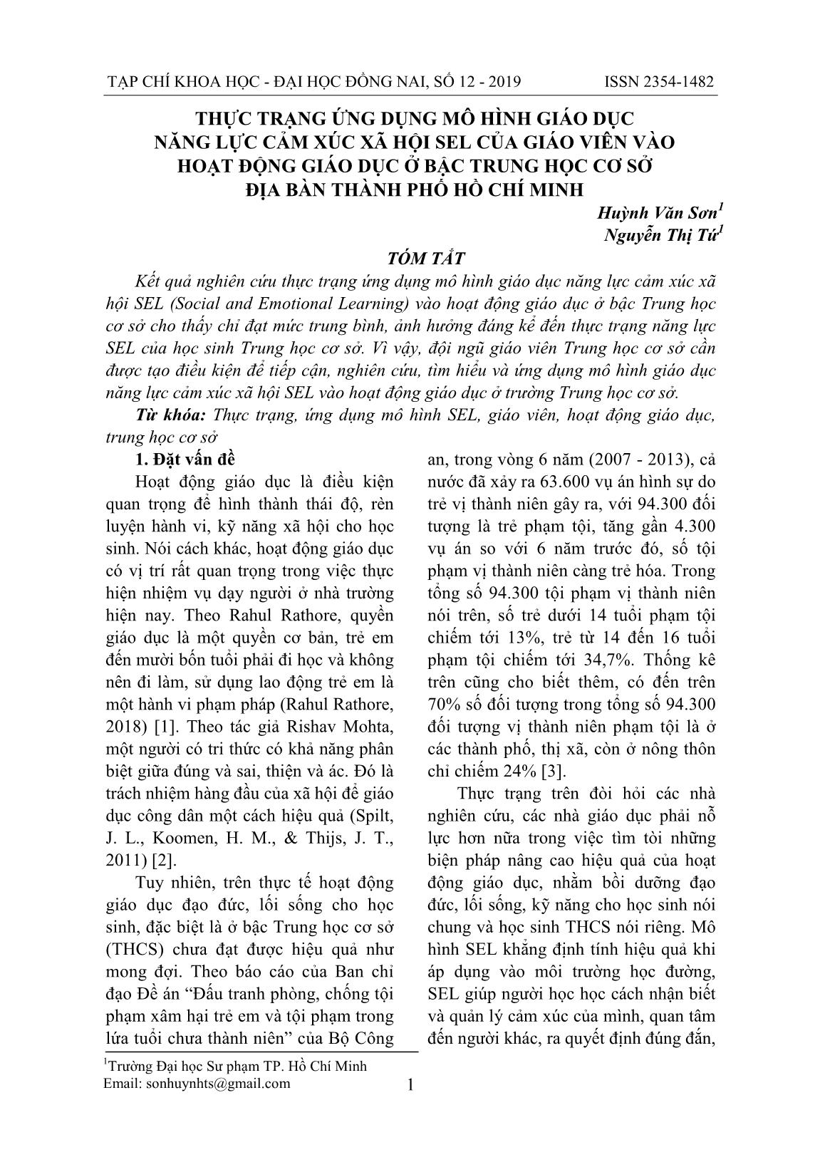 Thực trạng ứng dụng mô hình giáo dục năng lực cảm xúc xã hội SEL của giáo viên vào hoạt động giáo dục ở bậc Trung học Cơ sở địa bàn thành phố Hồ Chí Minh trang 1